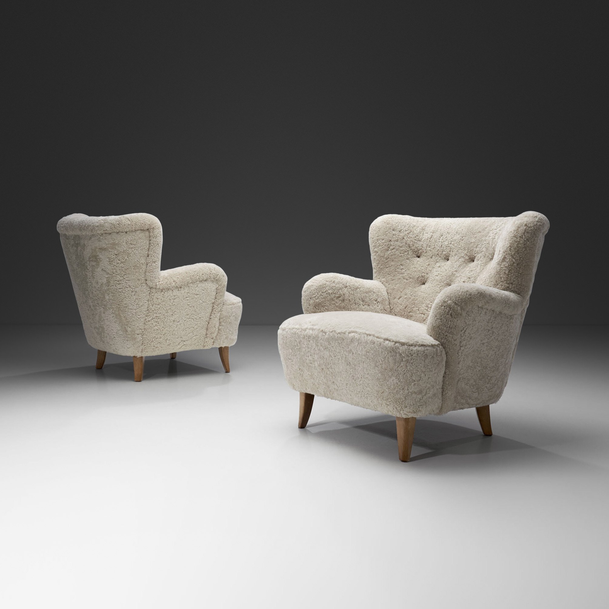 Pair of “Laila” Armchairs in Sheepskin by Ilmari Lappalainen for Asko, Finland 1948
