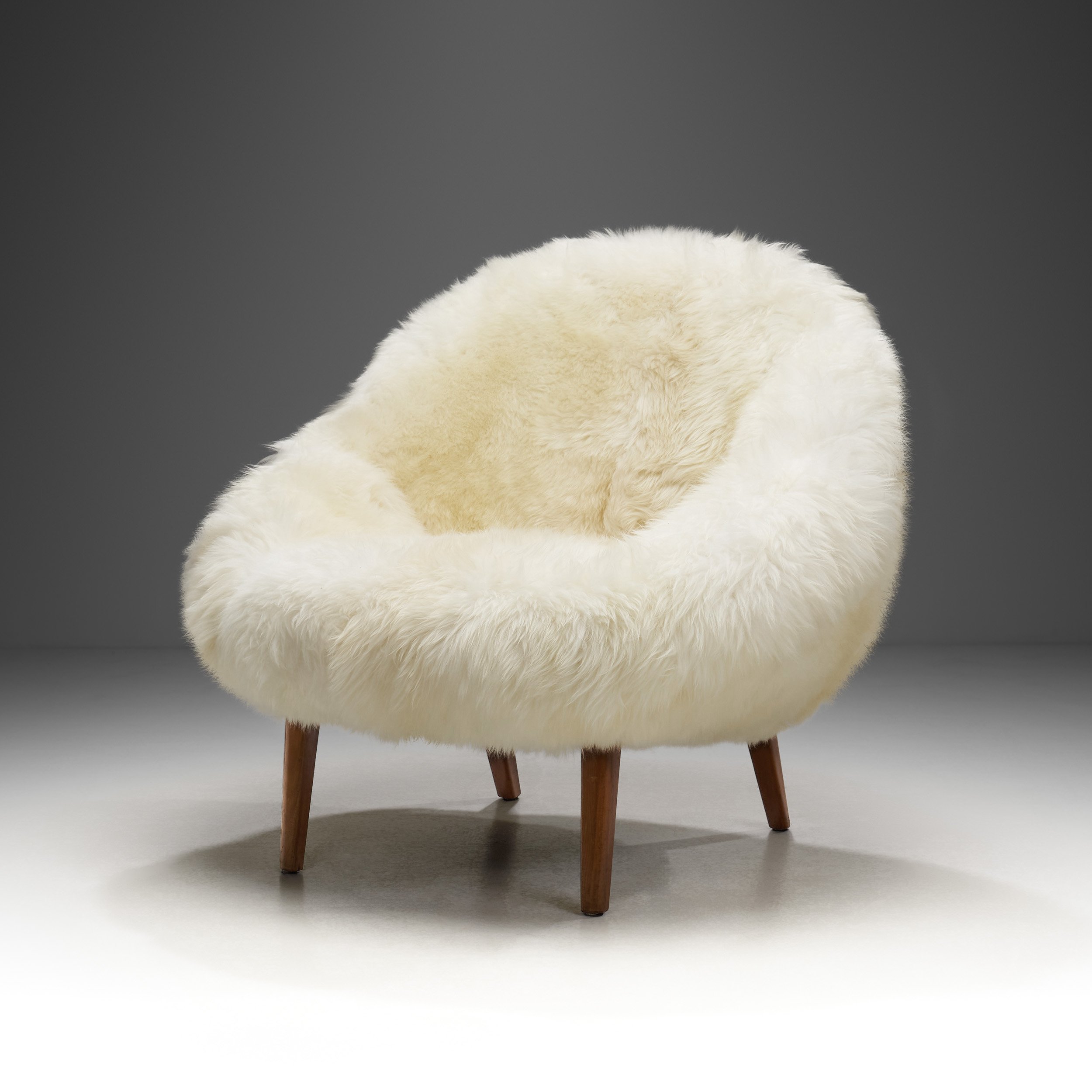 Lounge Chair Upholstered in Off-White Sheepskin, Denmark 1960s