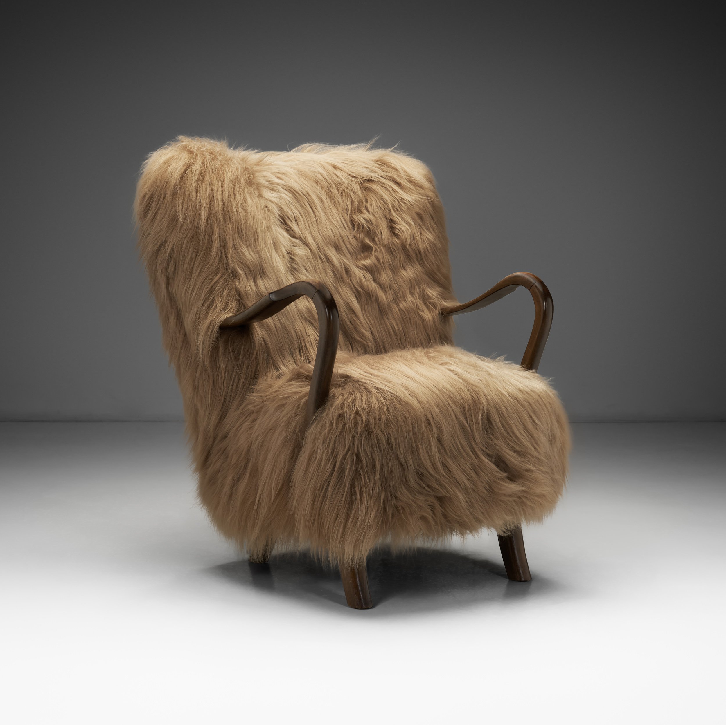 Armchair with Longhair Sheepskin and Bentwood Armrests, Europe Mid-20th Century