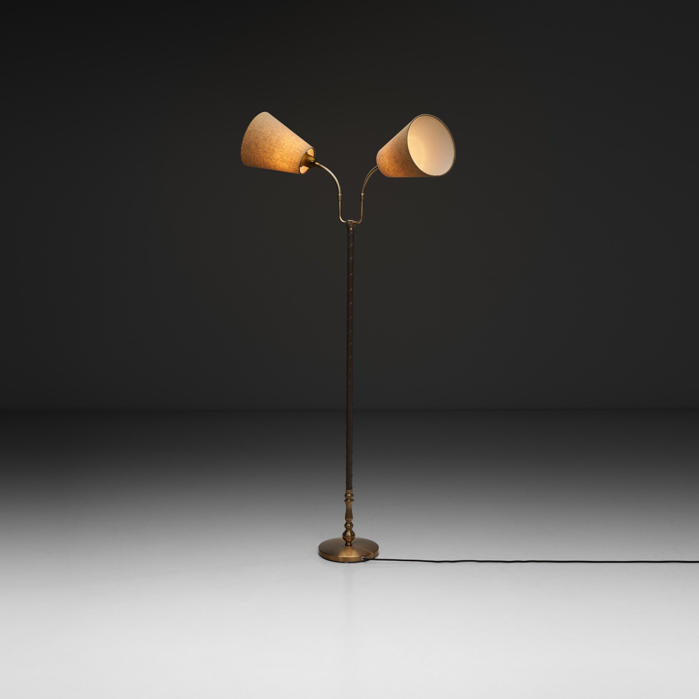 Two-Armed Adjustable Floor Lamp with Leather Stem and Brass Details for Einar Bäckström Metallvarufabrik, Sweden Mid-20th Century