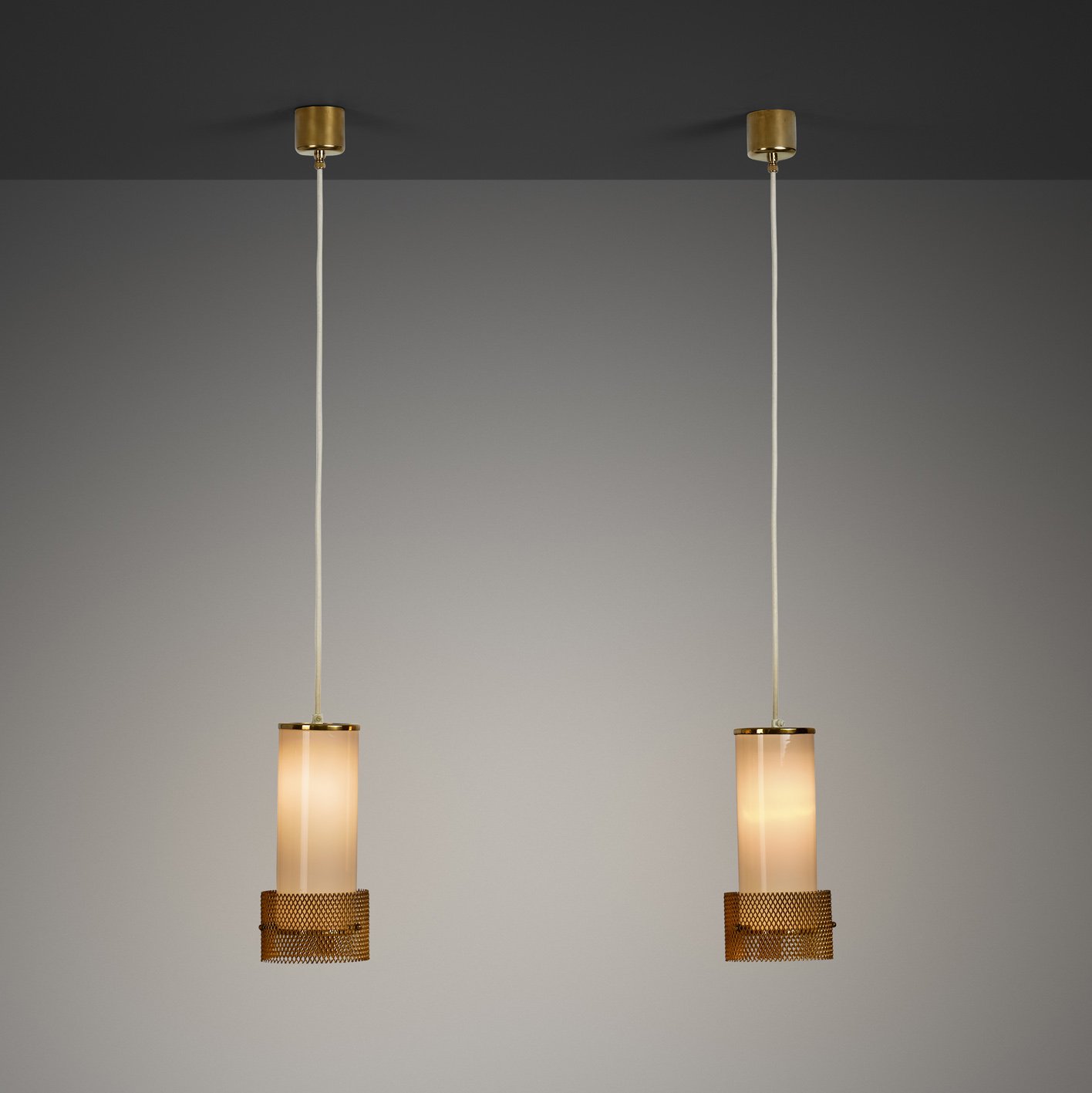 Pair of Opal Glass and Metal Pendant Lamps for Valinte Oy (Attr.), Finland Mid-20th Century