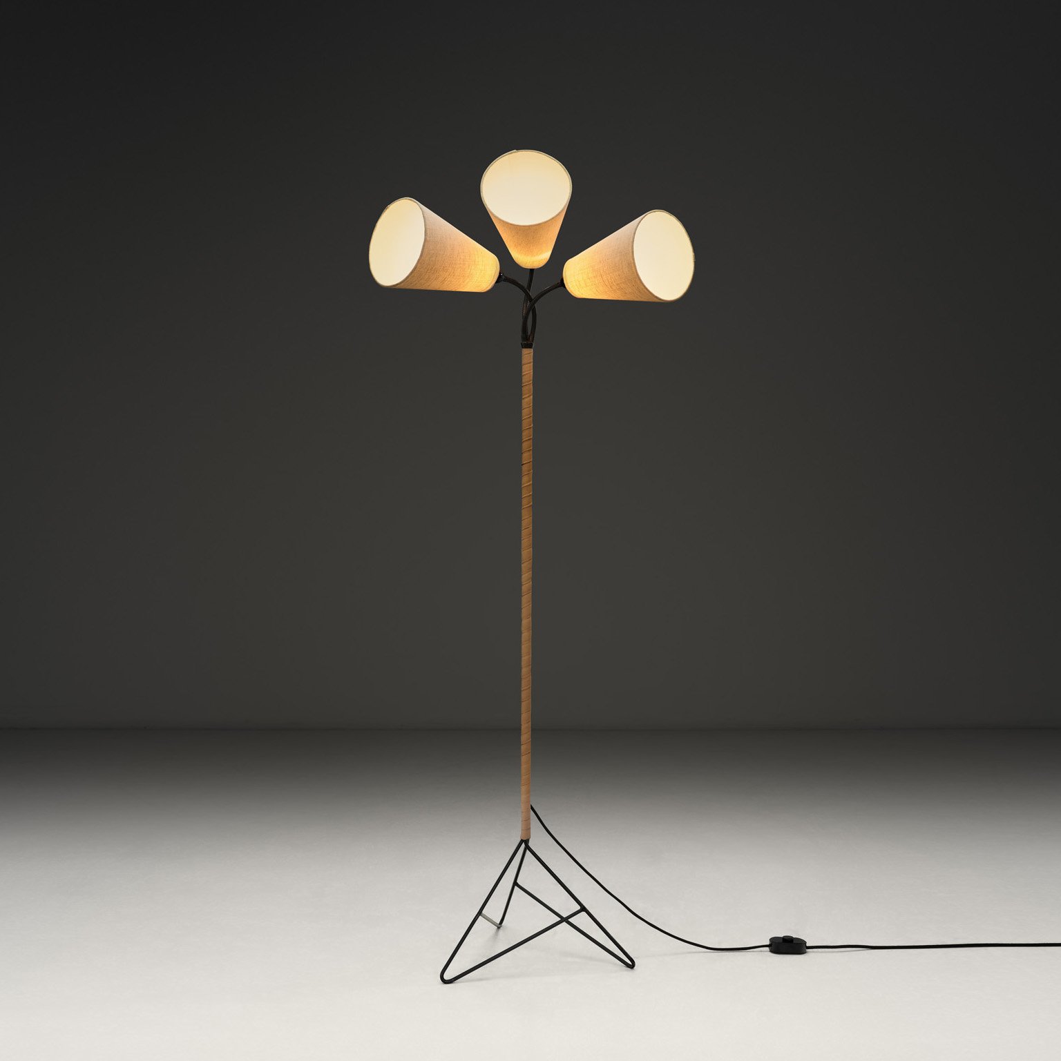 Danish Modern Gooseneck Floor Lamp with Leather-Wrapped Stem, Denmark 1950s