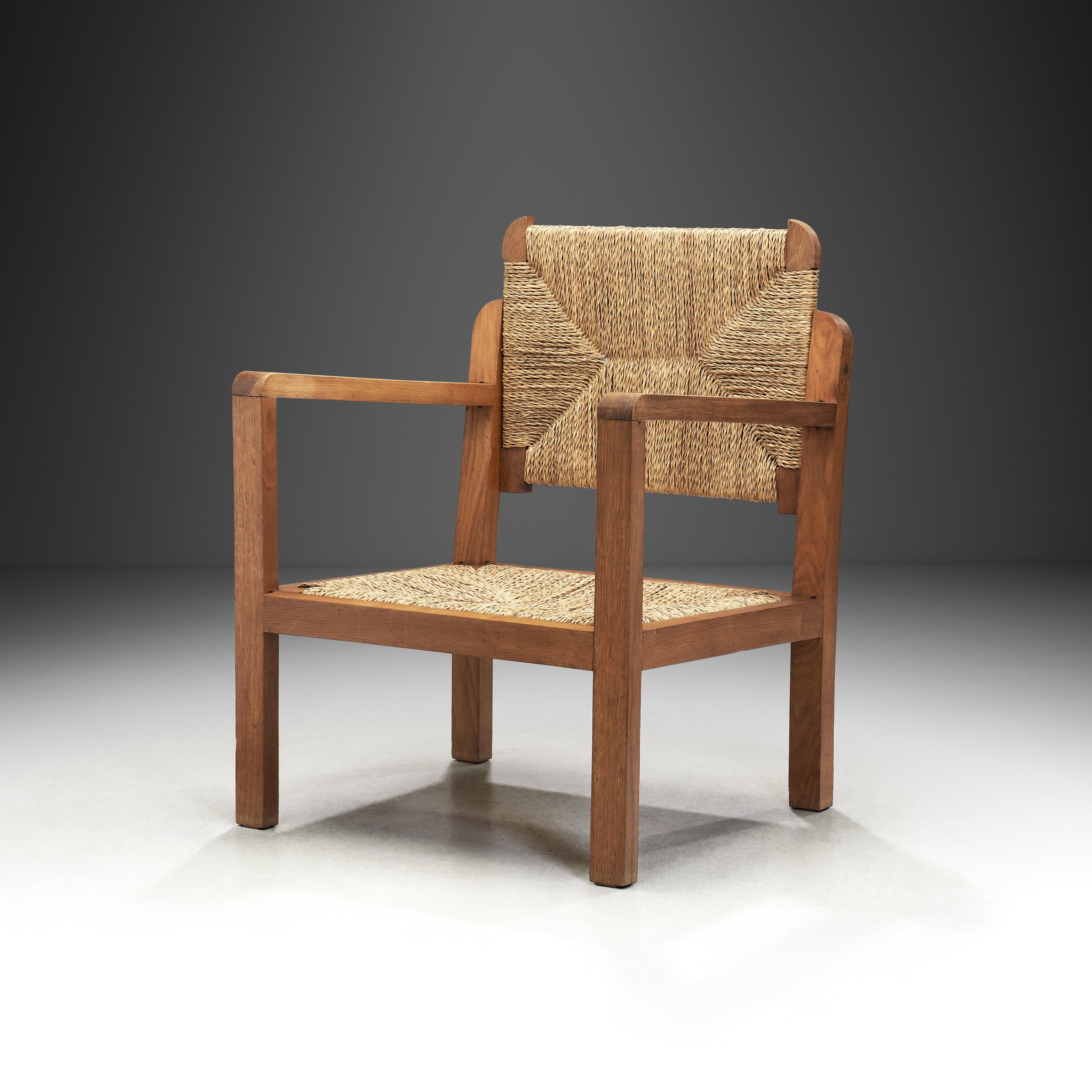 Oak and Woven Straw Armchair, France ca 1960s (sold)