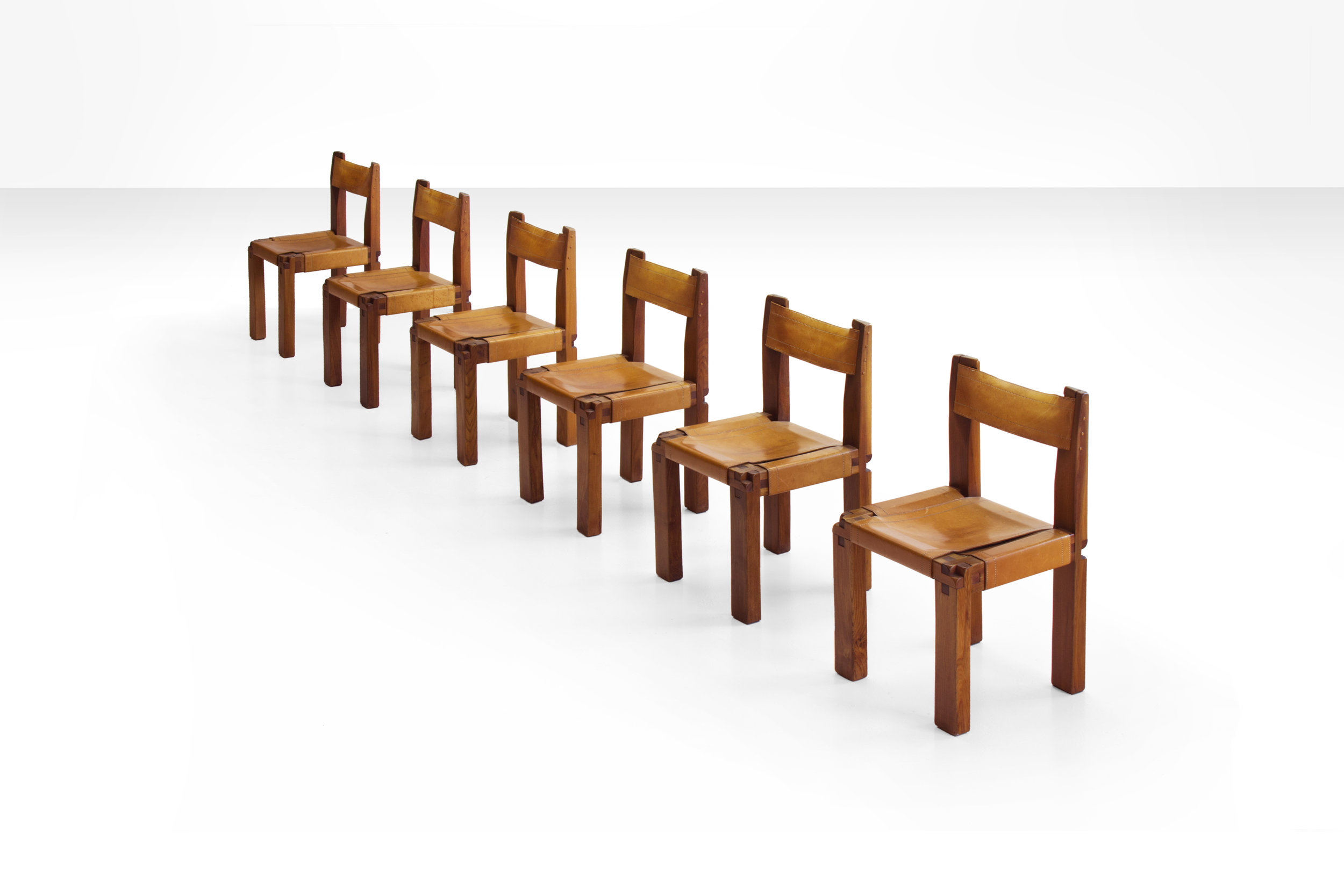 6 x Pierre Chapo S11 Chairs in Solid Elm and Cognac Leather, France 1960s (sold)