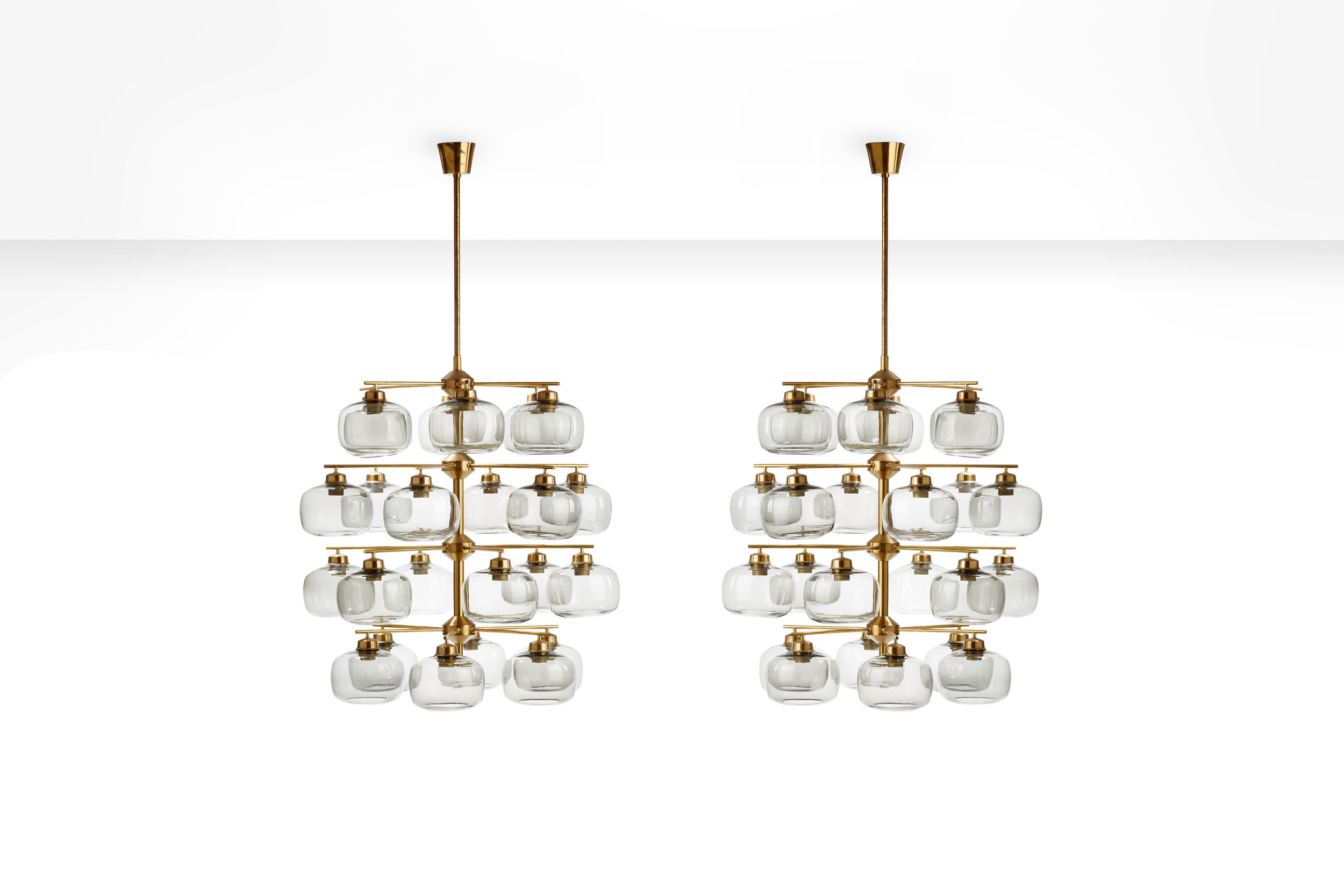 Holger Johansson Chandelier Pair with 24 Smoked Glass Shades, Sweden 1952 (sold)