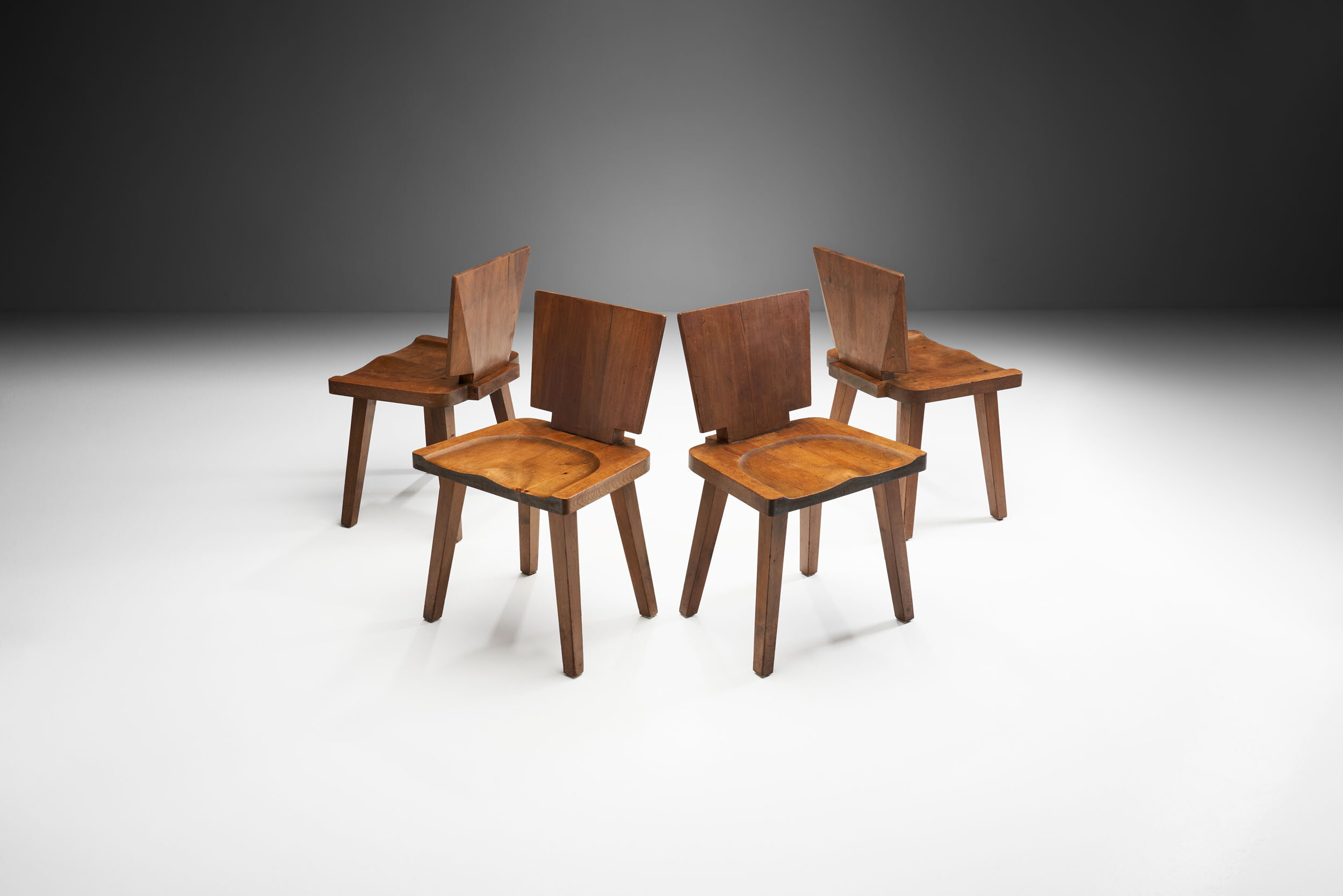 A Set of Four Brutalist Pine Chairs, Scandinavia ca 1950s (sold)