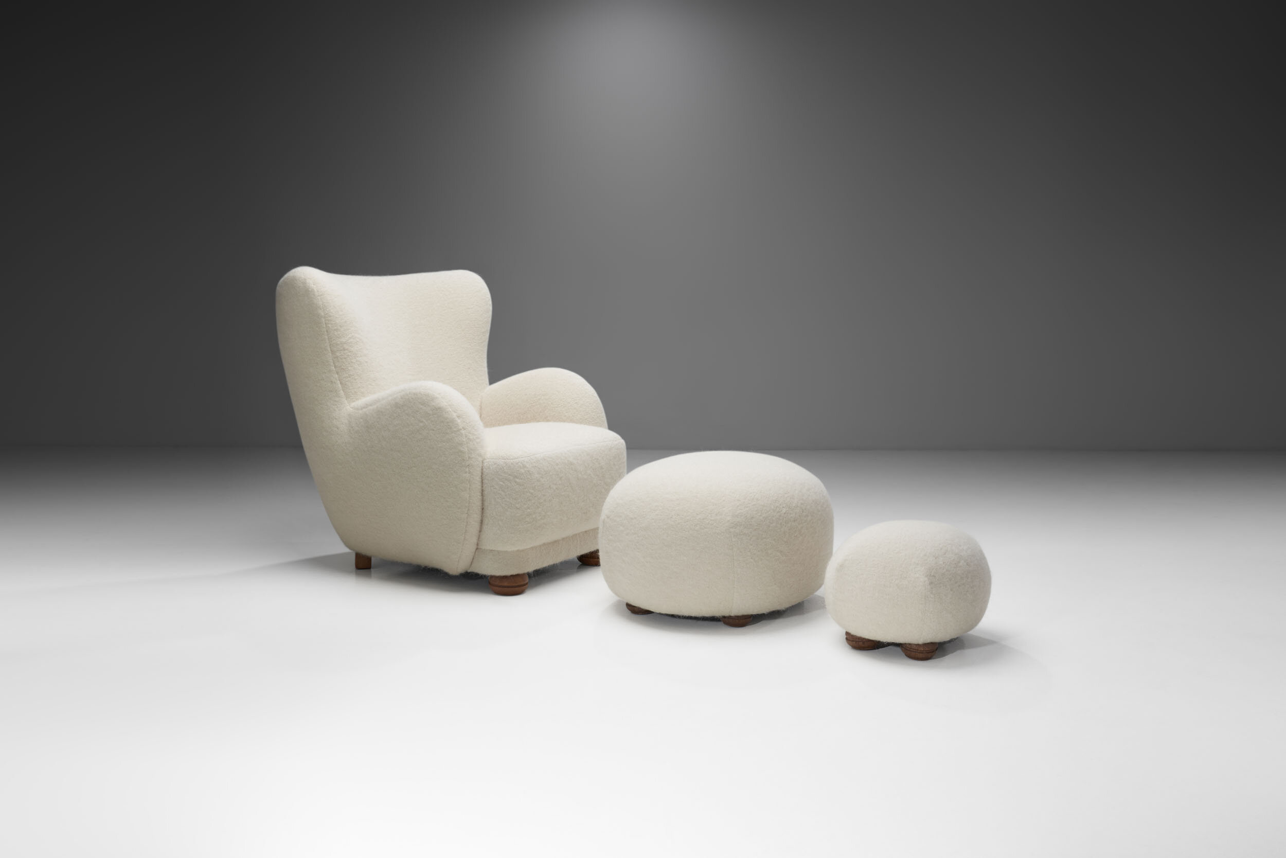 Danish Cabinetmaker Lounge Chair and Ottomans in Alpaca Wool, Denmark 1940s (sold)