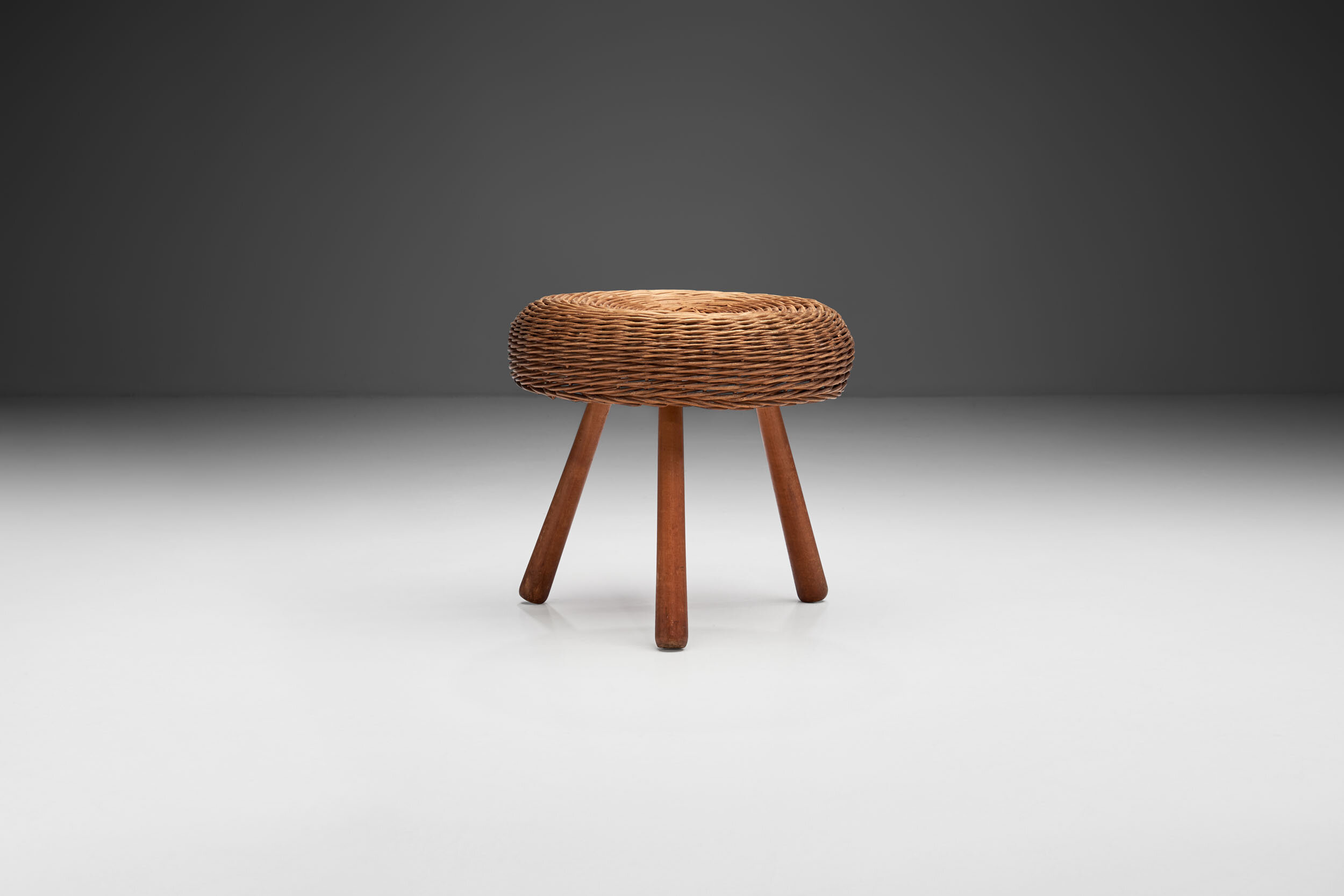 Tony Paul Tripod Wicker Stool, America 1950s (sold)