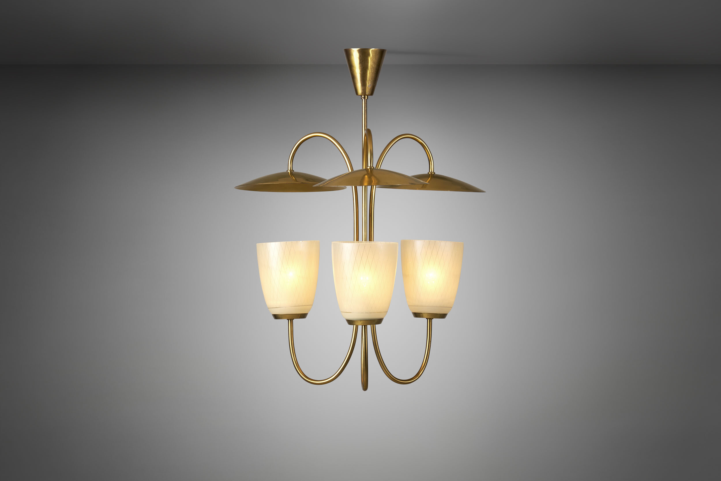 Mid-Century Brass and Glass Ceiling Lamp, Scandinavia 1950s (sold)