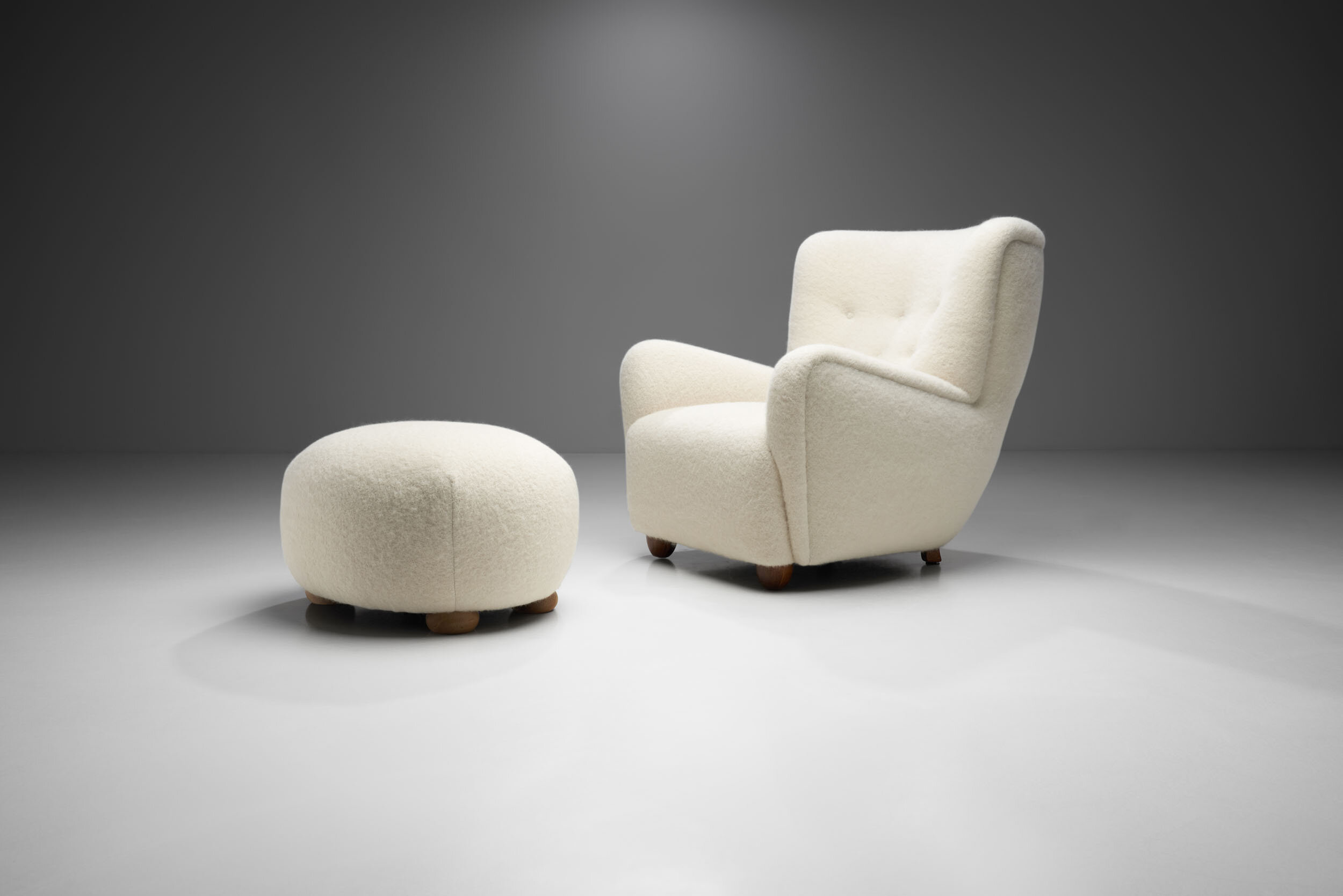 Danish Armchair and Ottoman with Wooden Bun Legs , Denmark 1940s (sold)