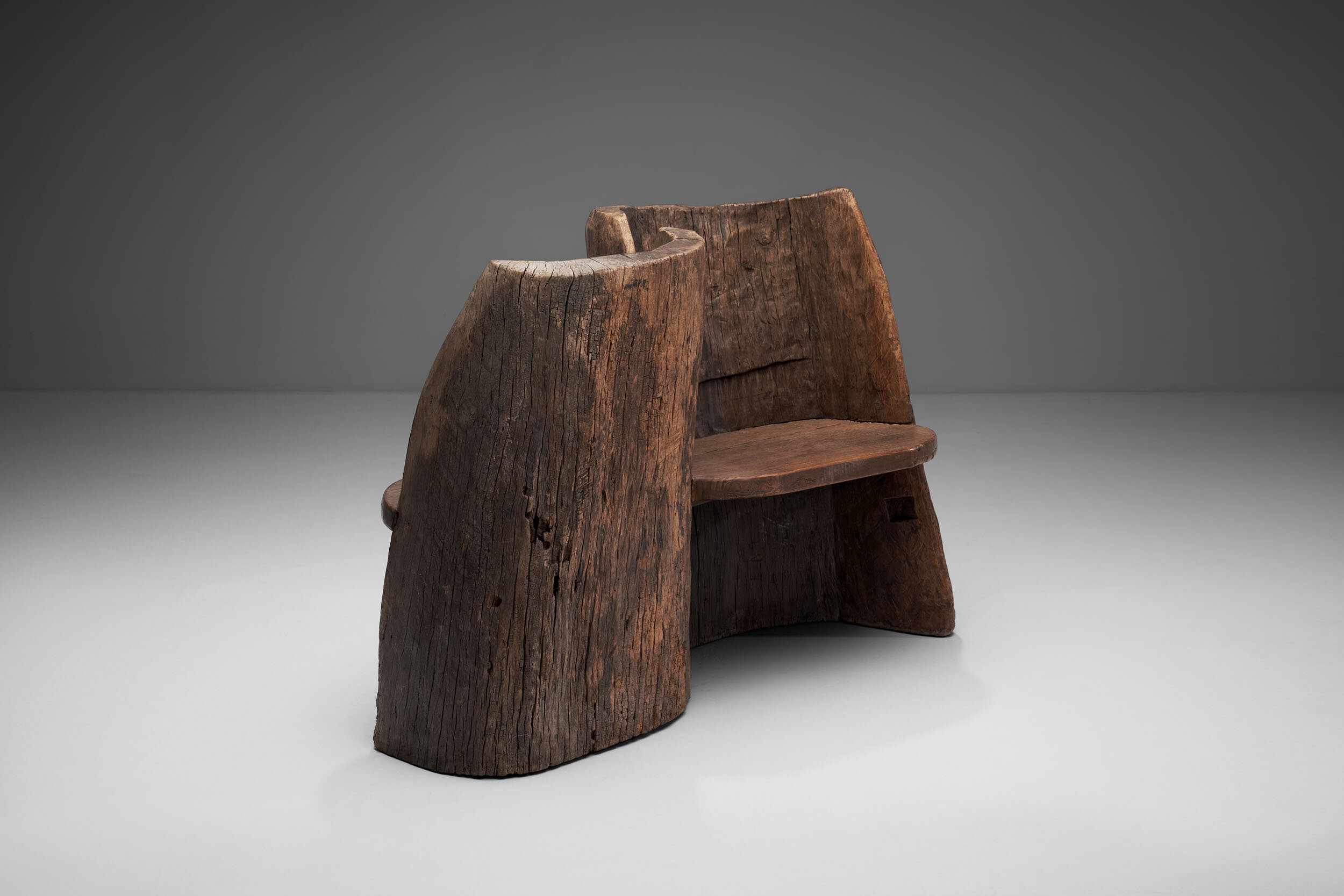 Tibetan Carved Wood “Tête a Tête” Love Seat, Tibet 19th century