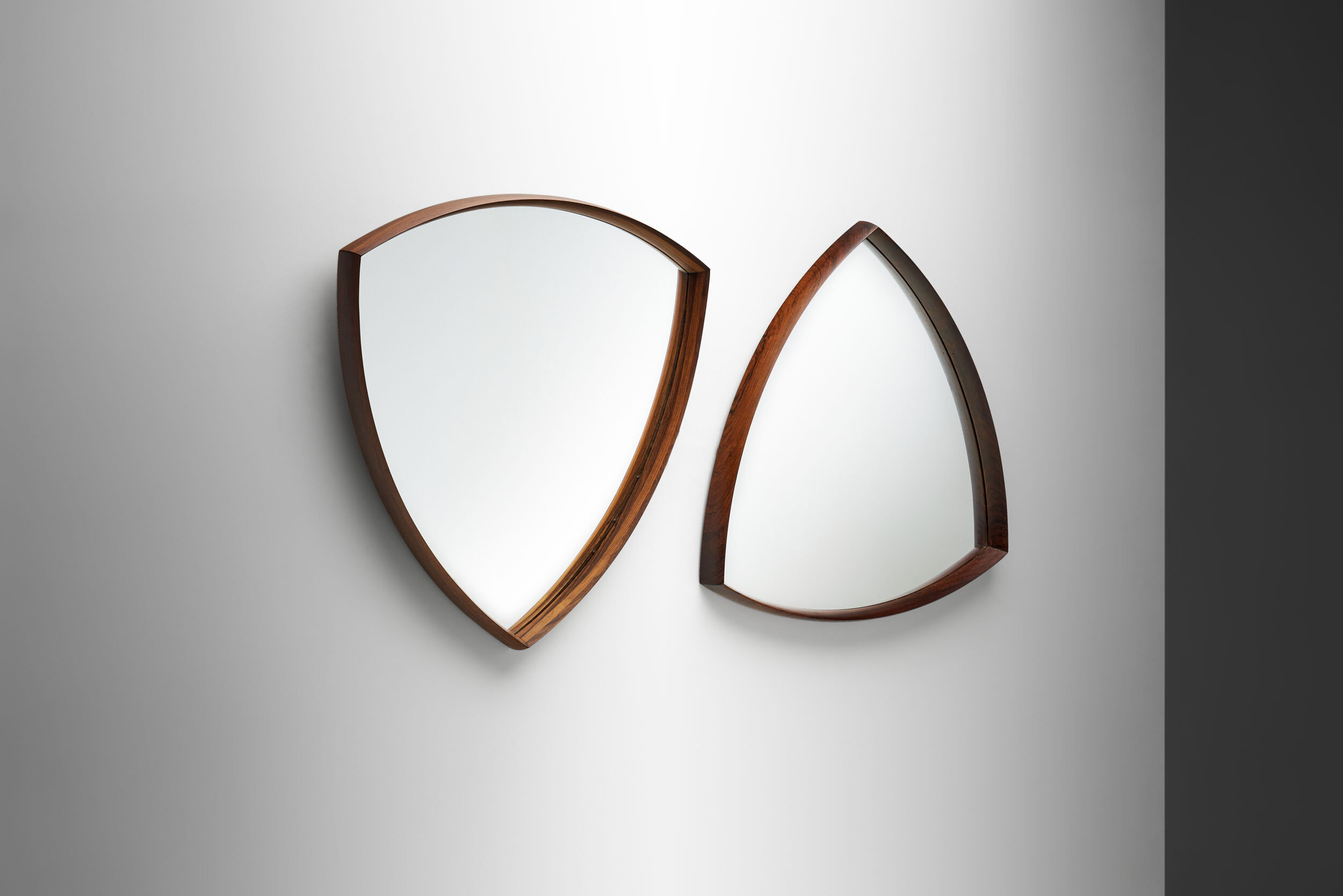 Danish Triangular Wood Mirrors by Th. Poss Copenhagen, Denmark 1960s (sold)