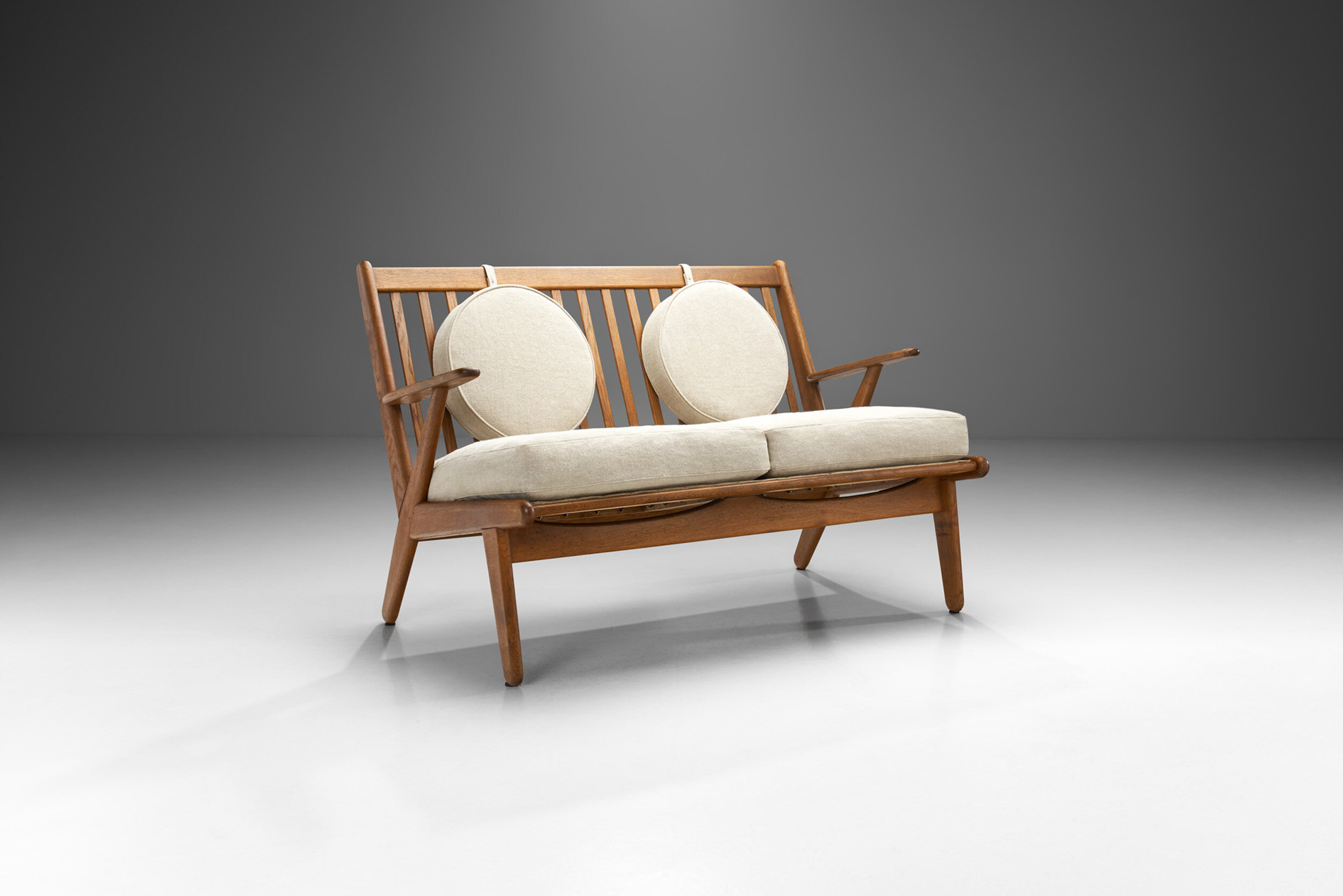 Danish Oak Two-Seater Bench with Pillows, Denmark ca. 1950s
