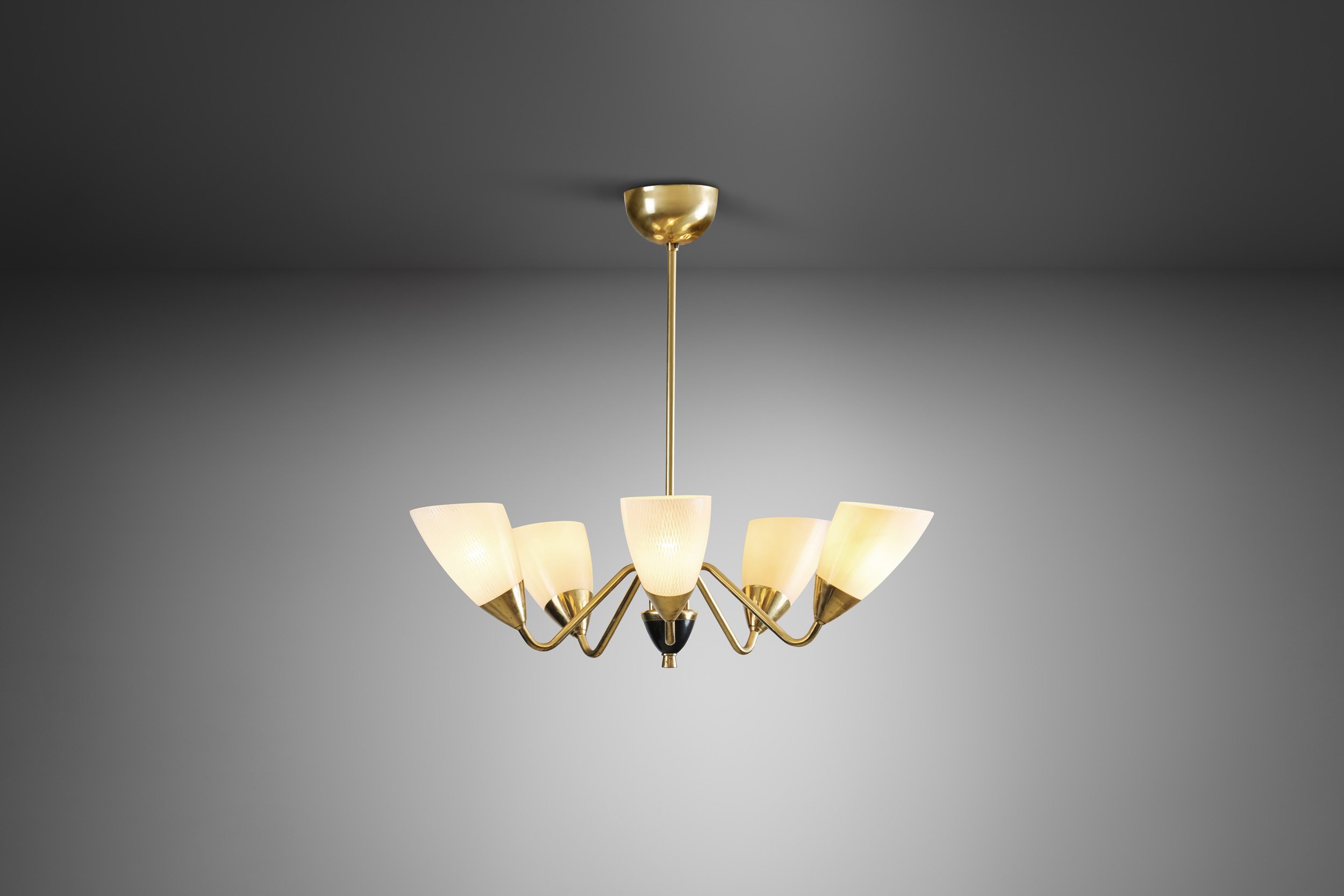 Swedish Five-Arm Brass and Glass Chandelier, Sweden ca 1950s (sold)