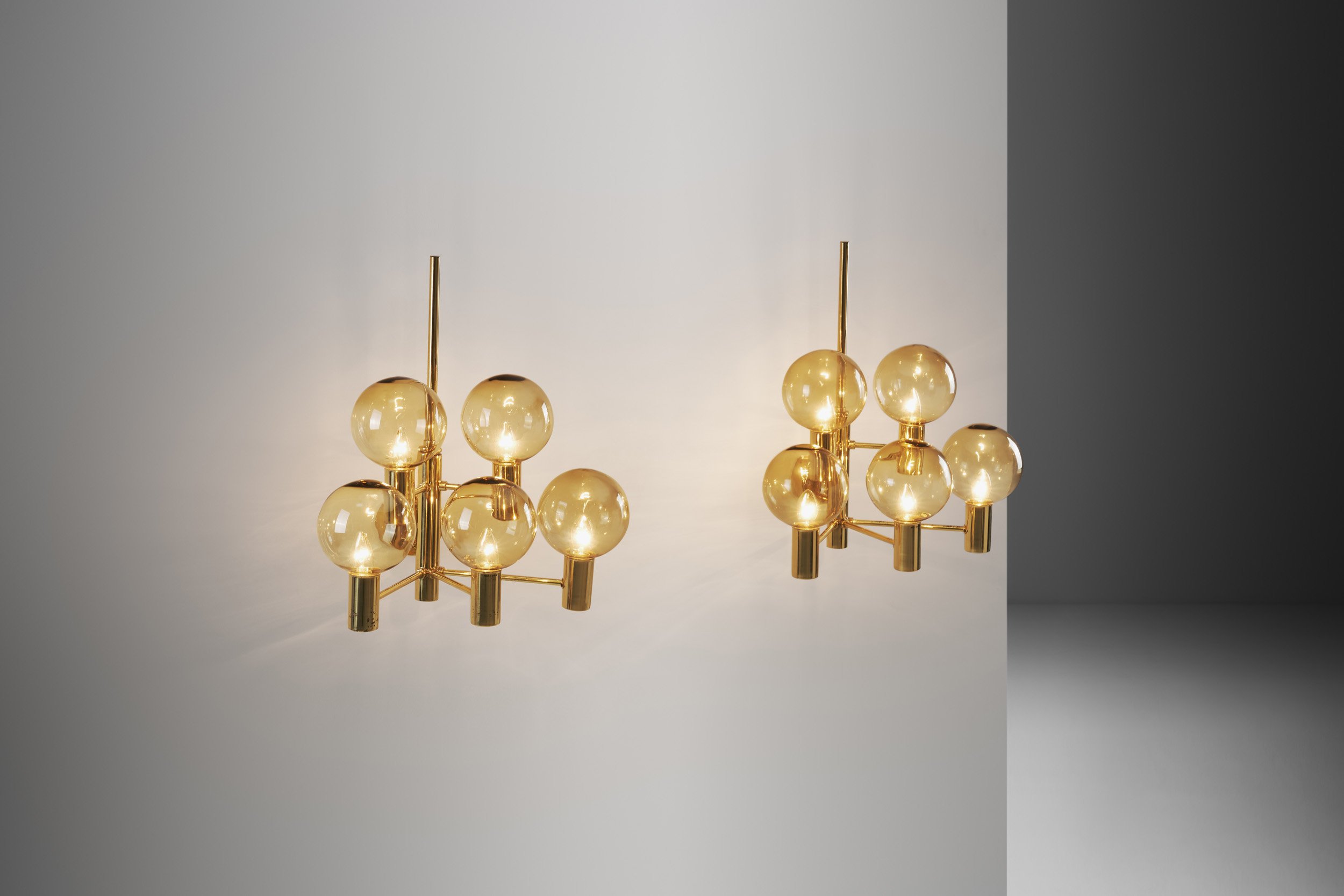 Hans-Agne Jakobsson Brass Wall Lamps with Smoked Glass Shades for Markaryd, Sweden 1960s