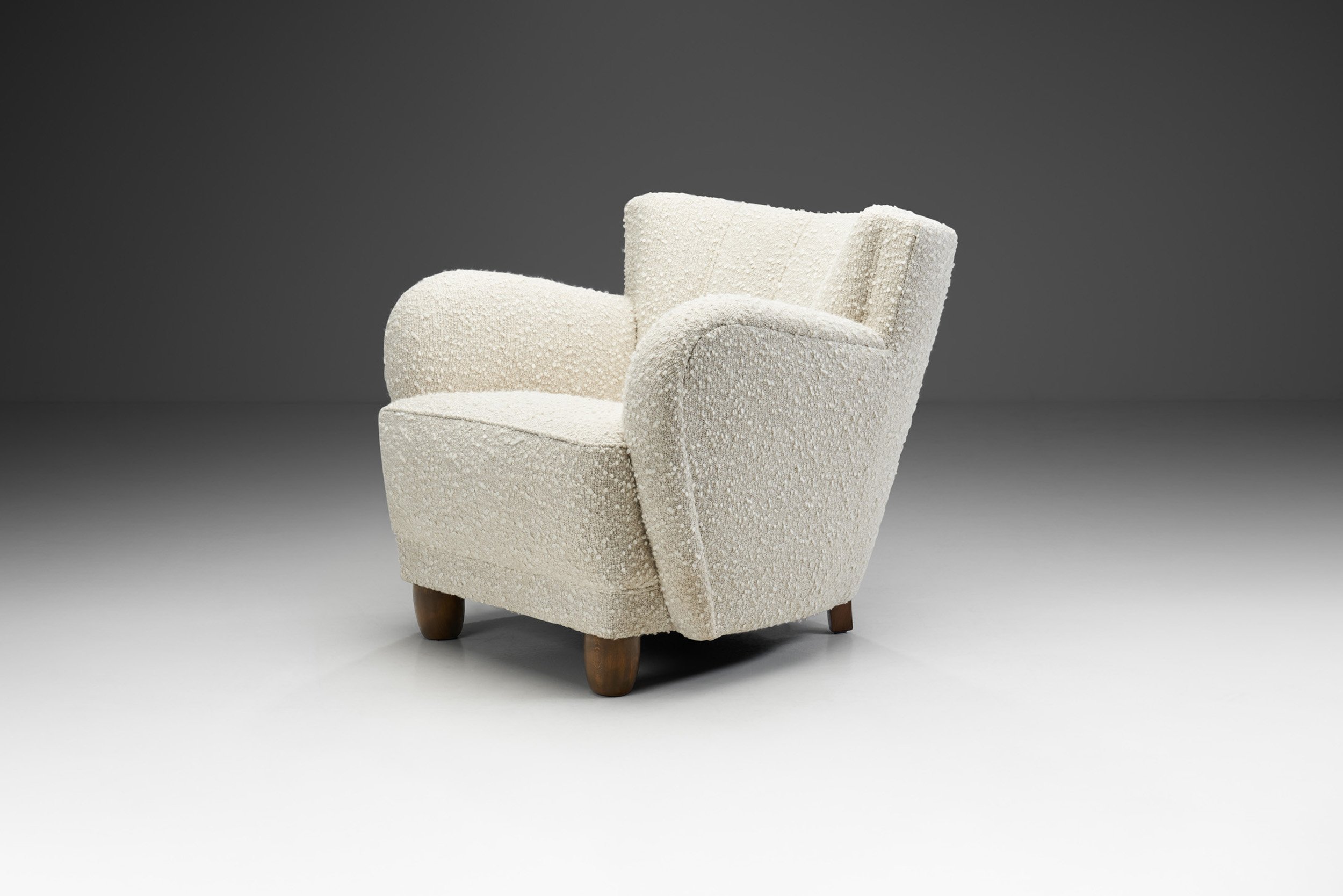 Danish Armchair with Stained Wood legs and Bouclé Upholstery, Denmark 1940s (sold)