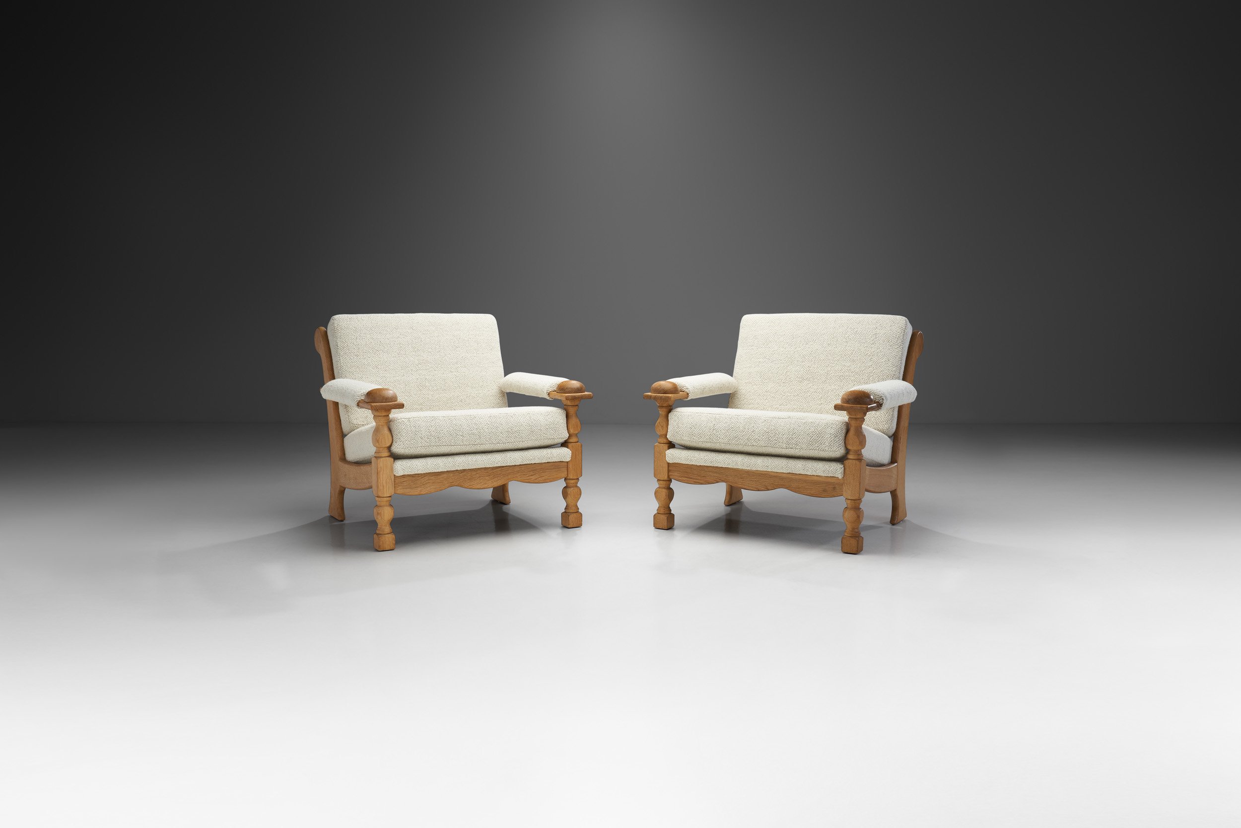 Danish Cabinetmaker Oak Easy Chairs with Carved Legs, Denmark ca 1950s (sold)