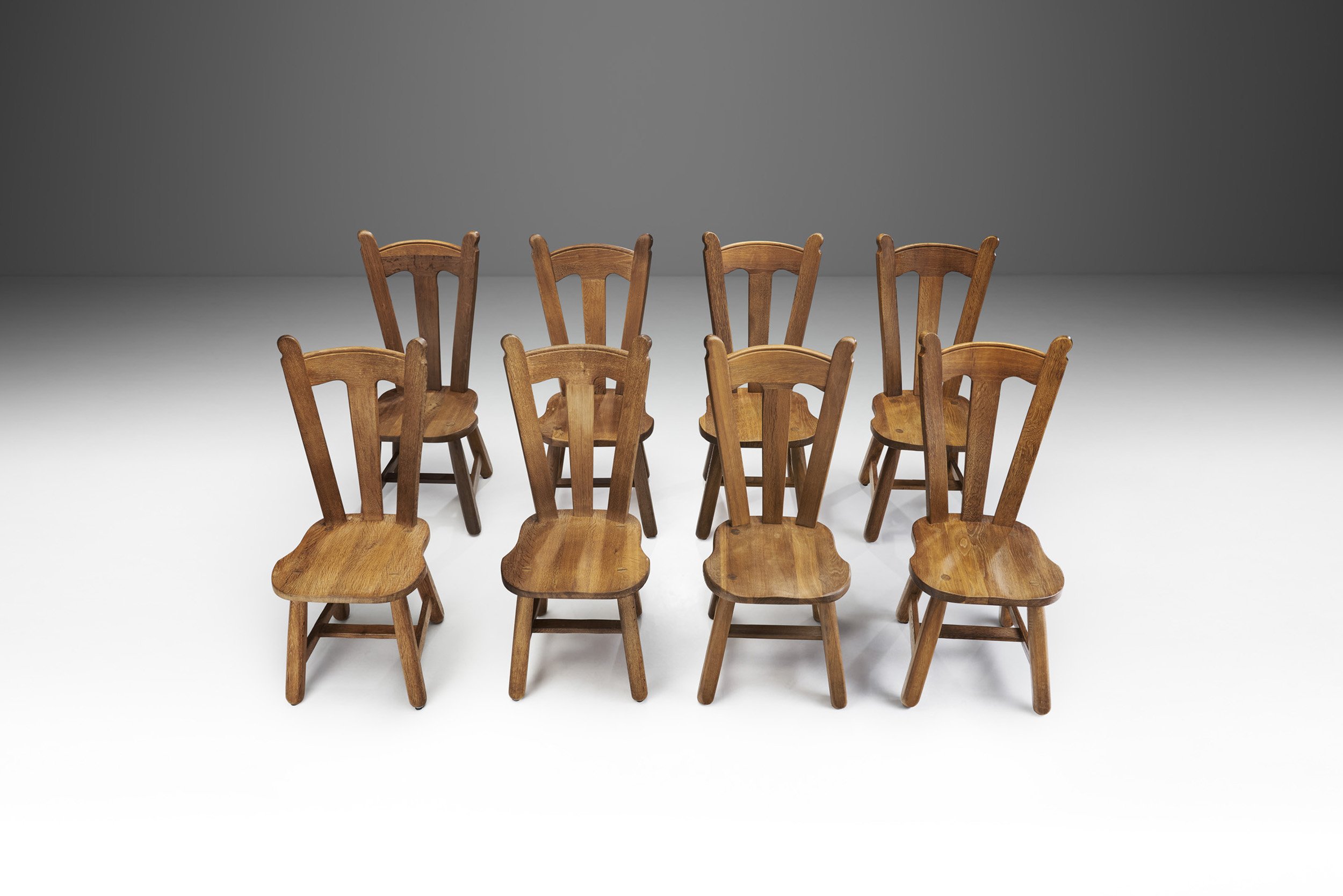 Set of 8 Belgian Brutalist Oak Dining Chairs, Belgium 1970s
