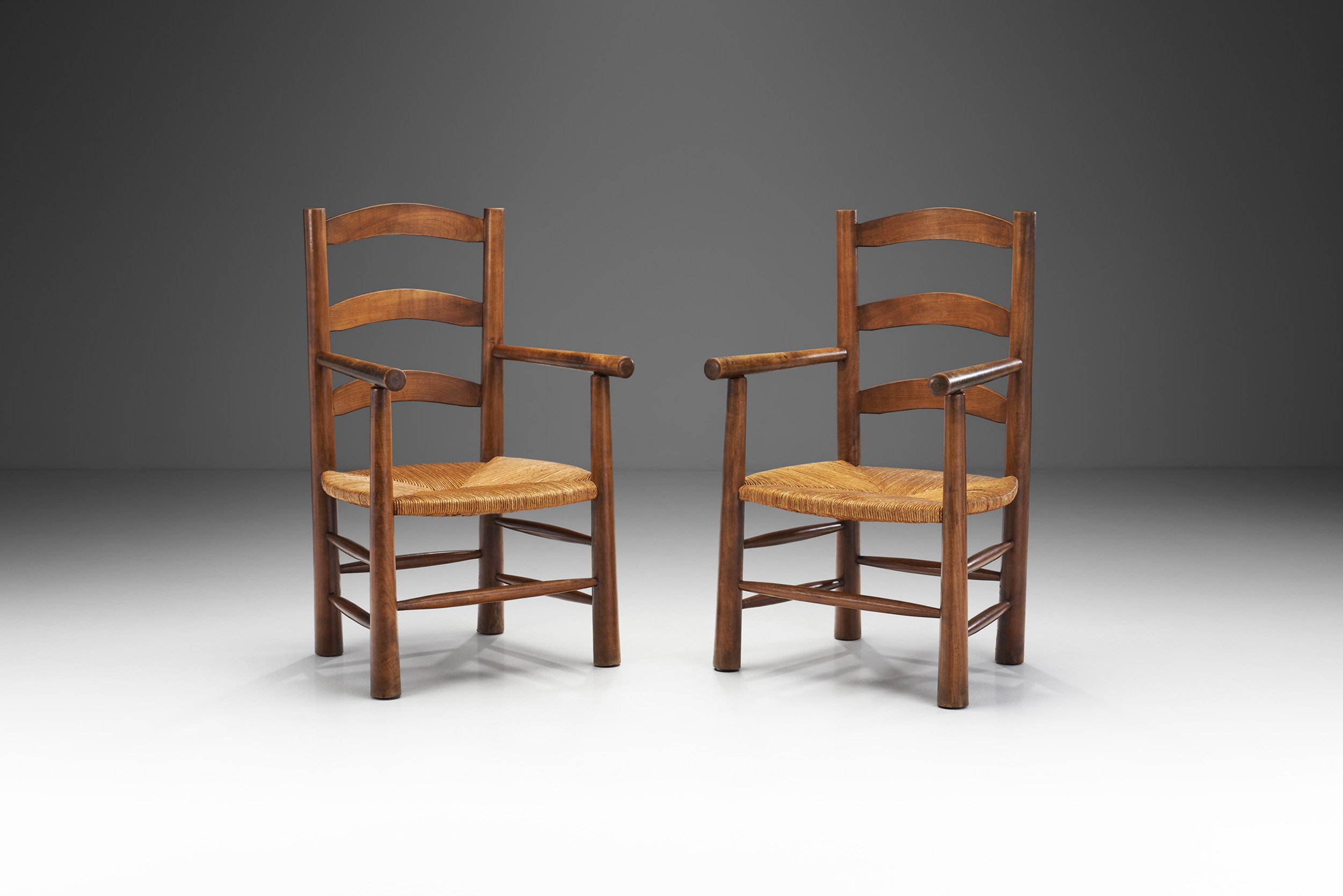 French Oak Armchairs with Woven Rush Seat, France 1950s