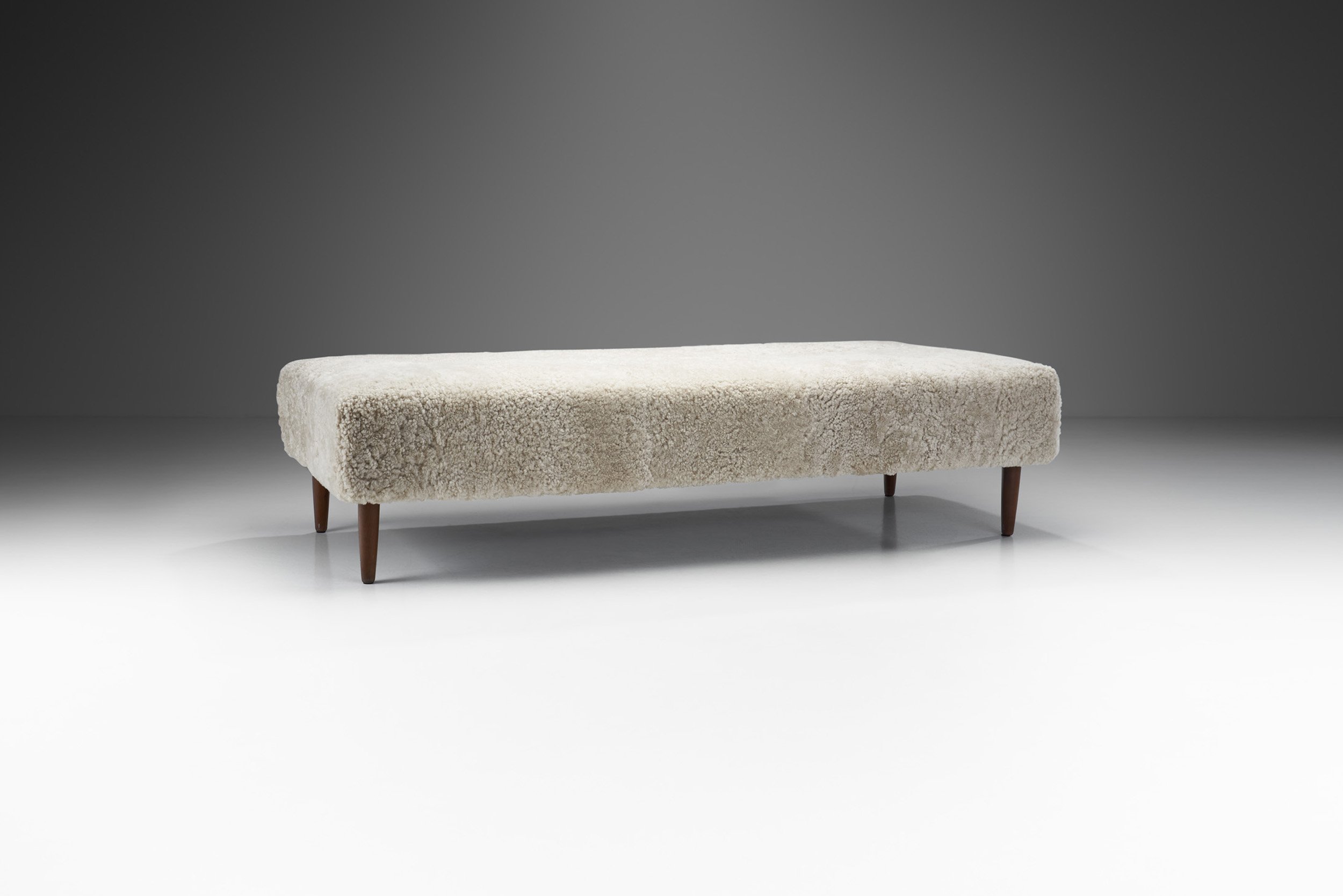 Danish Cabinetmaker Teak Daybed in Sheepskin, Denmark 1950s (sold)