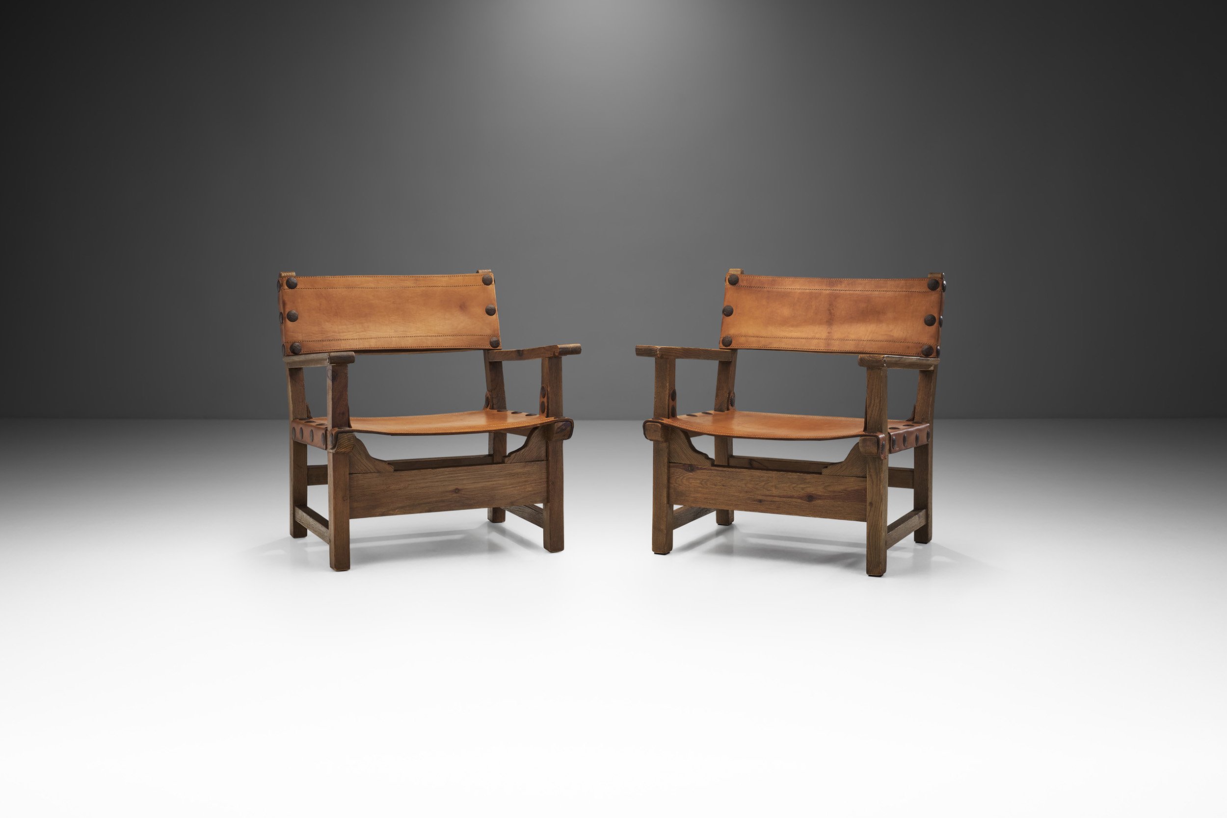 Wood and Cognac Leather "Spanish Chairs", Europe 1960s