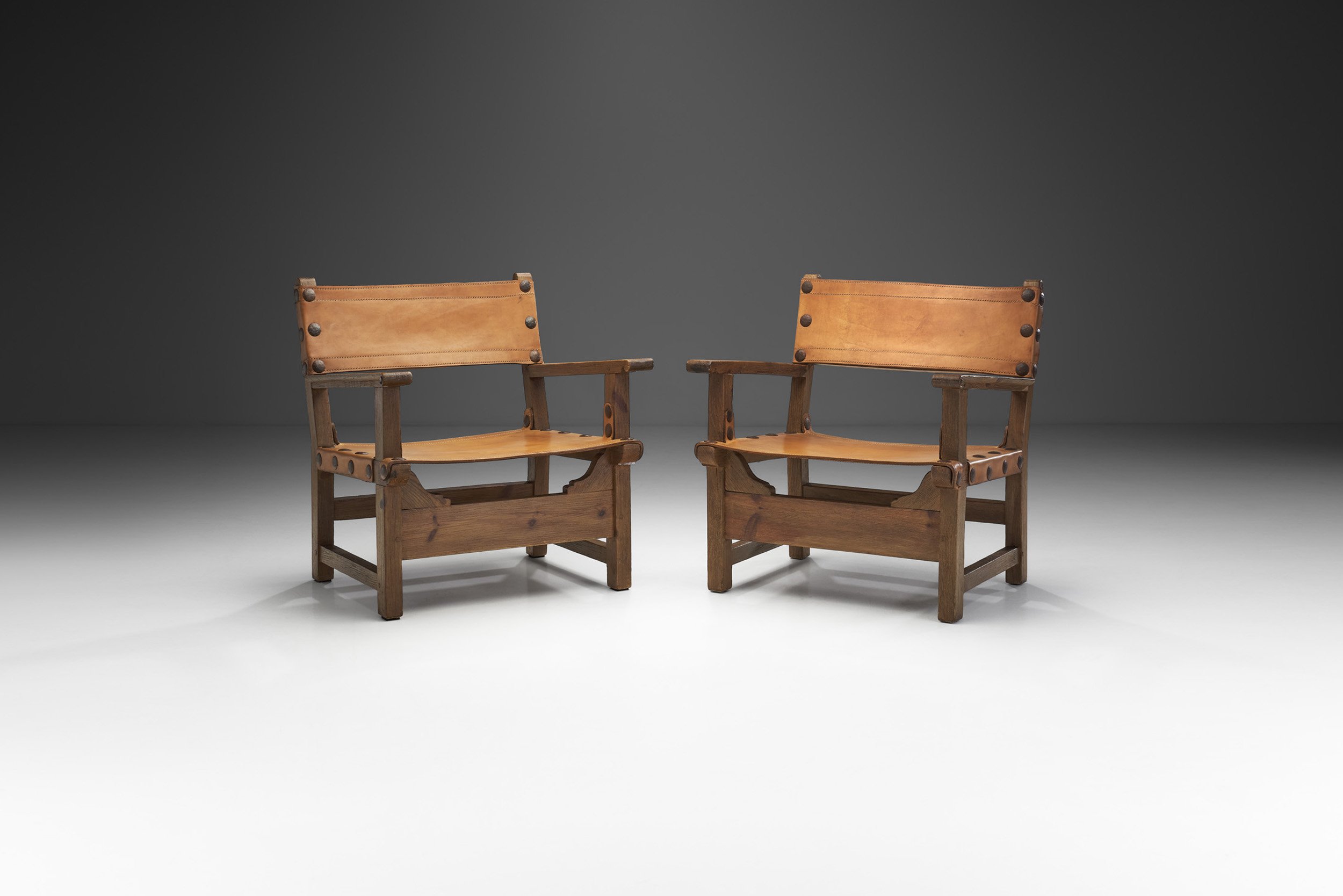 Wood and Cognac Saddle Leather "Spanish Chairs", Europe 1960s