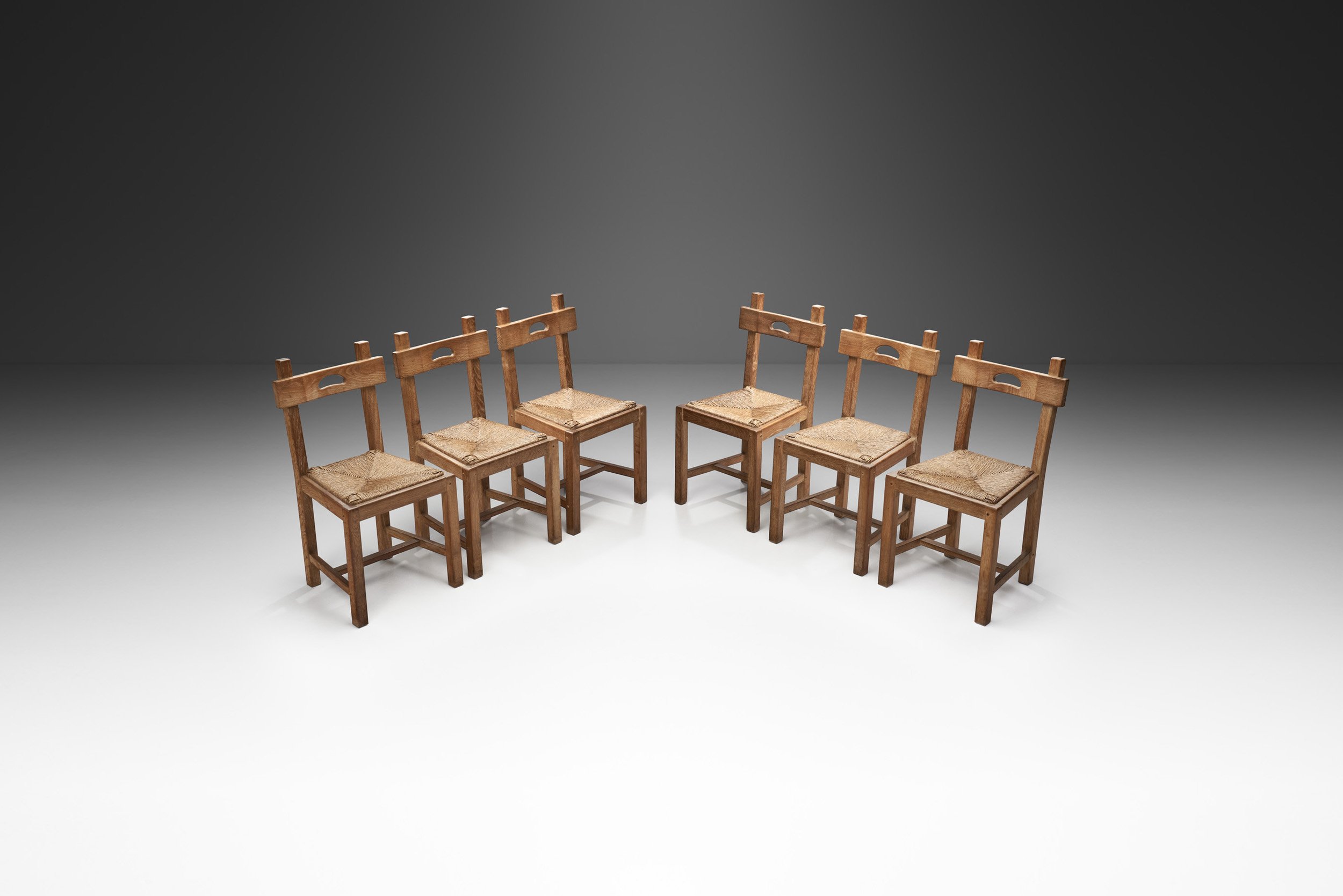 Rush and Wood Rustic Dining Chair Set, Europe ca 1950s