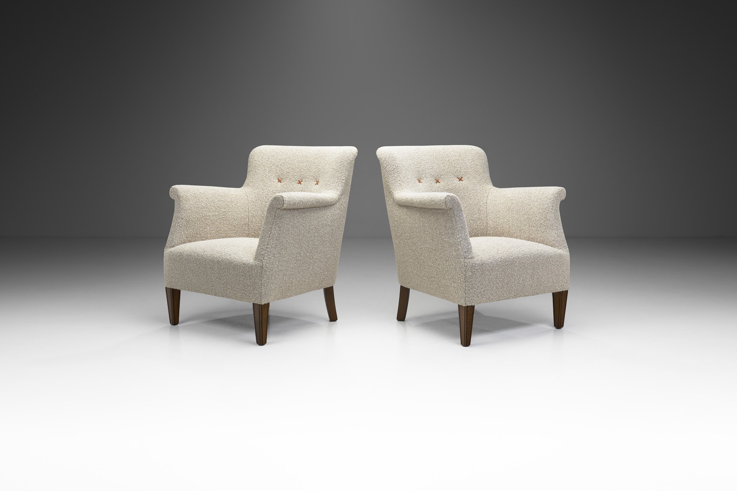 Pair of Danish Upholstered Easy Chairs with Beech Legs, Denmark 1940s (sold)