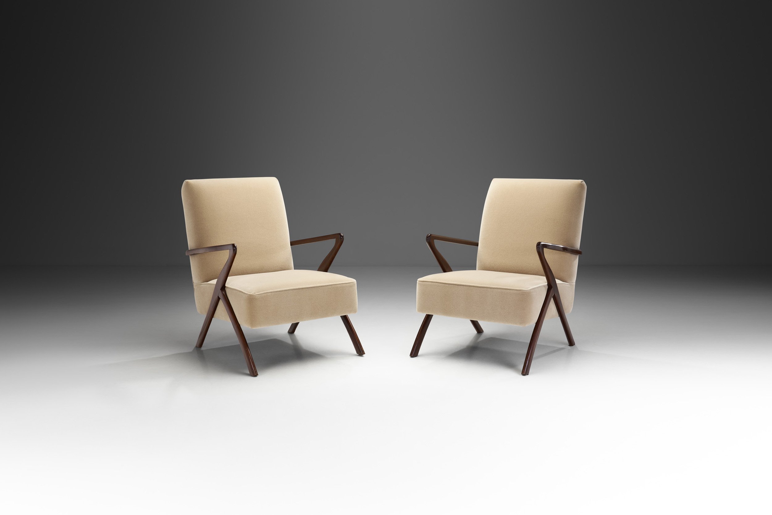 Sculptural Z-Shaped Armchairs with Upholstered Bodies, Europe ca 1950s (sold)