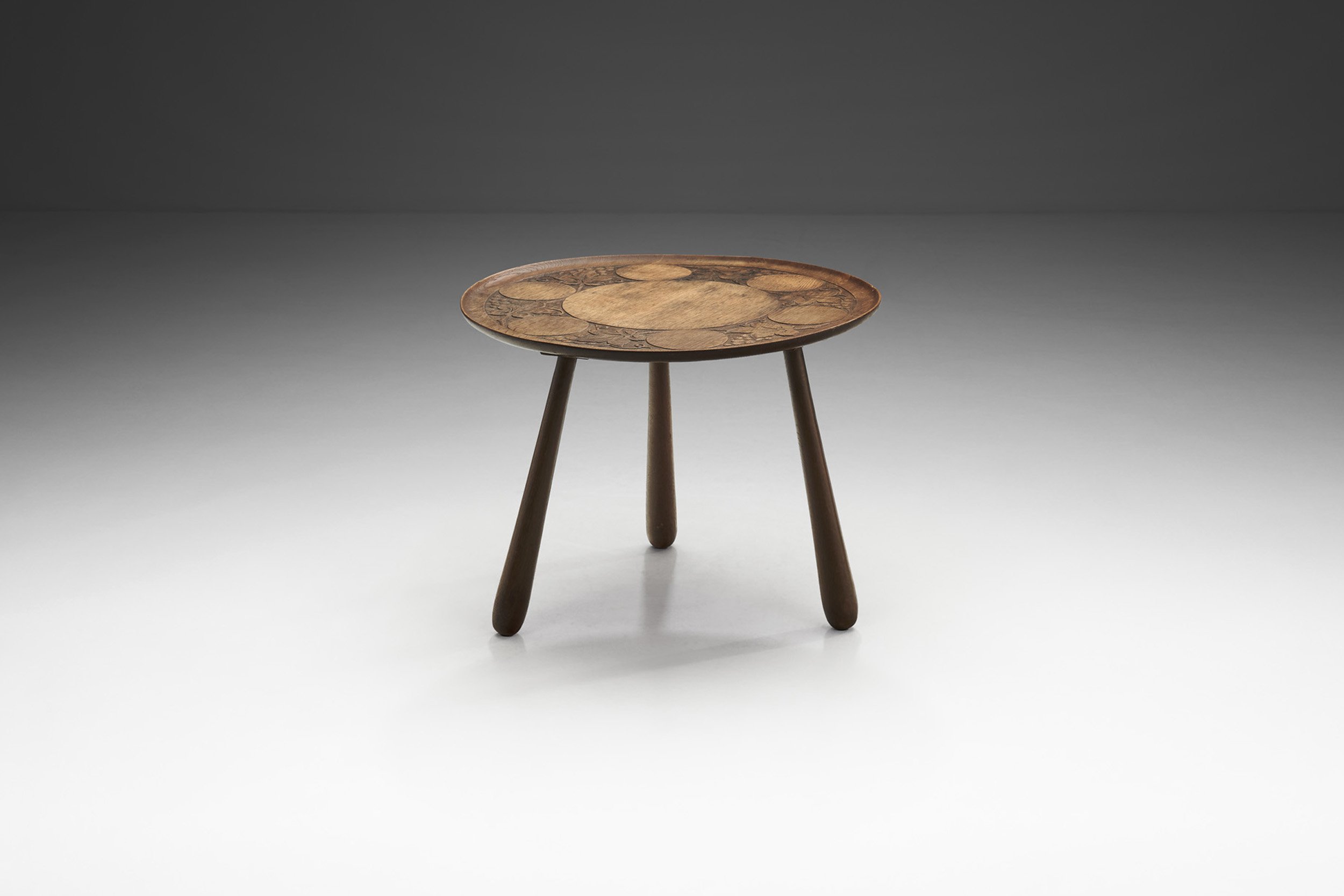 Carved Stained Oak Coffee Table on Tripod Legs, Europe ca 1940s (sold)
