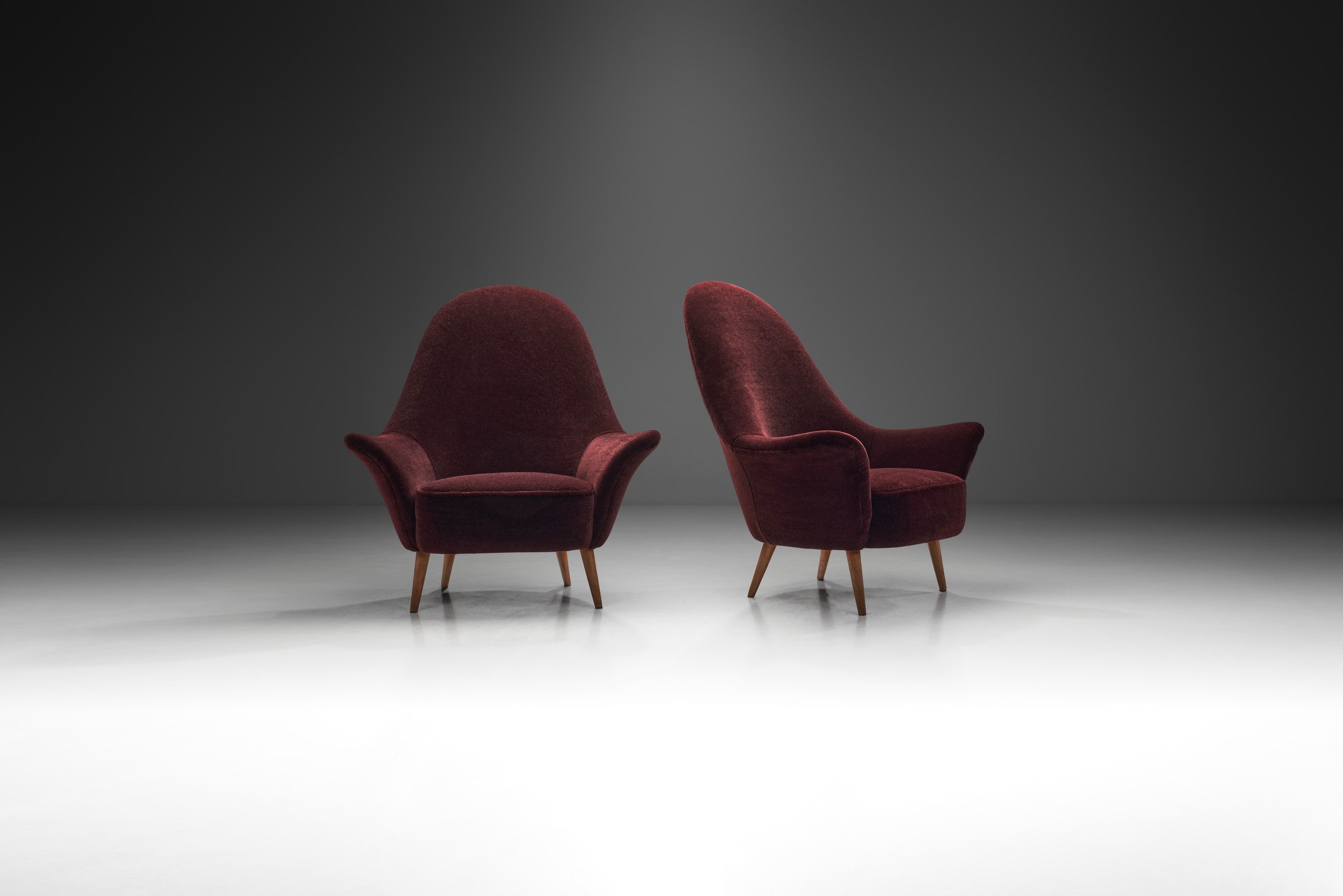 French Lounge Chairs In Aubergine Coloured Mohair, France ca 1960s (sold)