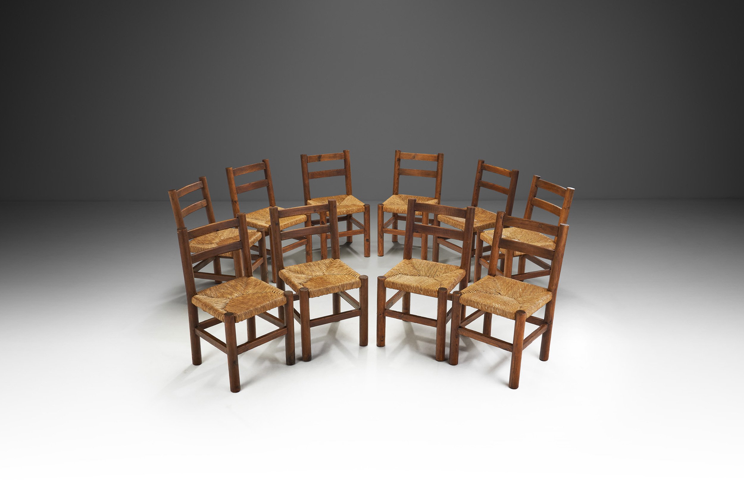 Ten Pine and Rush Dining Chairs, France ca 1950s (sold)