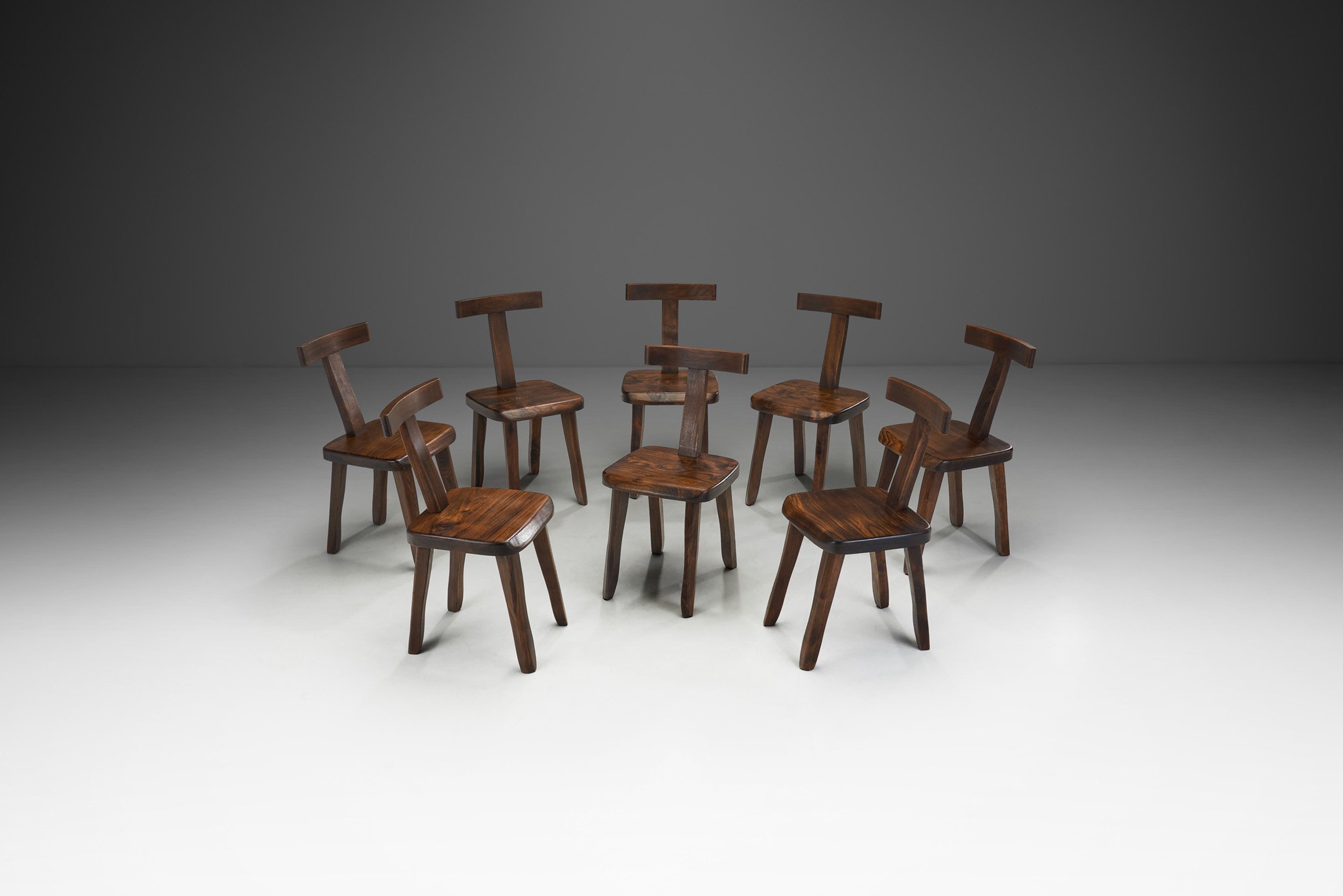 Aranjou Edition Brutalist Solid Wood "T-Chair" Set, France 1950s (sold)