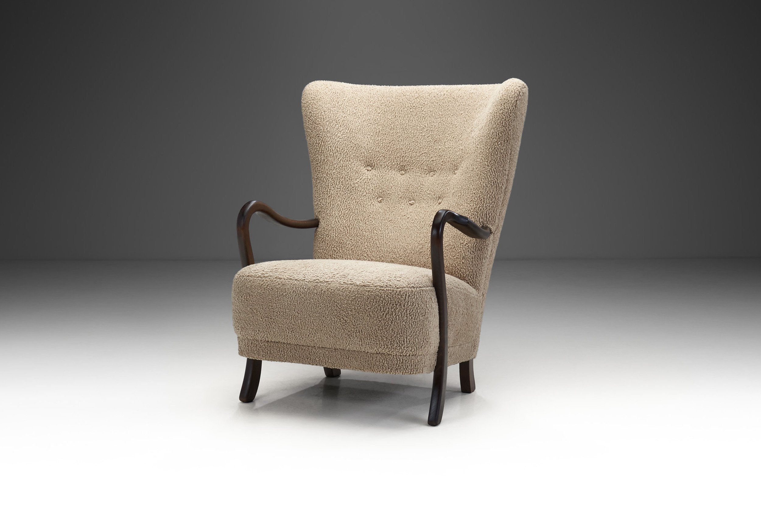 Mid-Century Upholstered Armchair with Curved Armrests, Europe ca 1950s (sold)