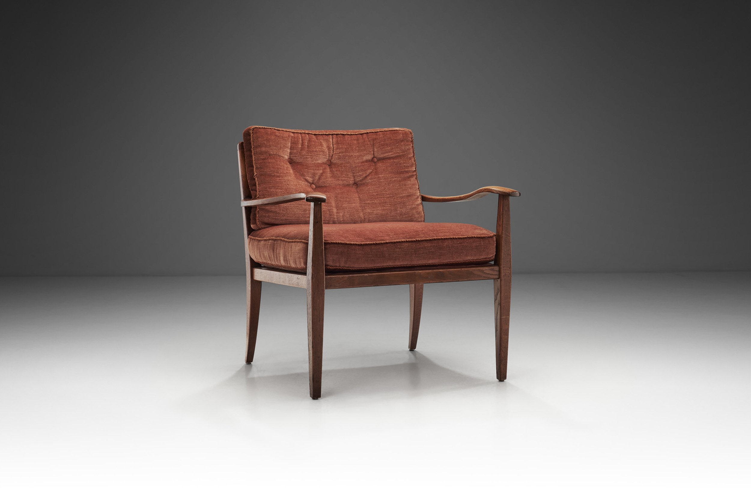 European Low Back Armchair with Upholstered Seat and Back Cushion, Europe ca 1950s