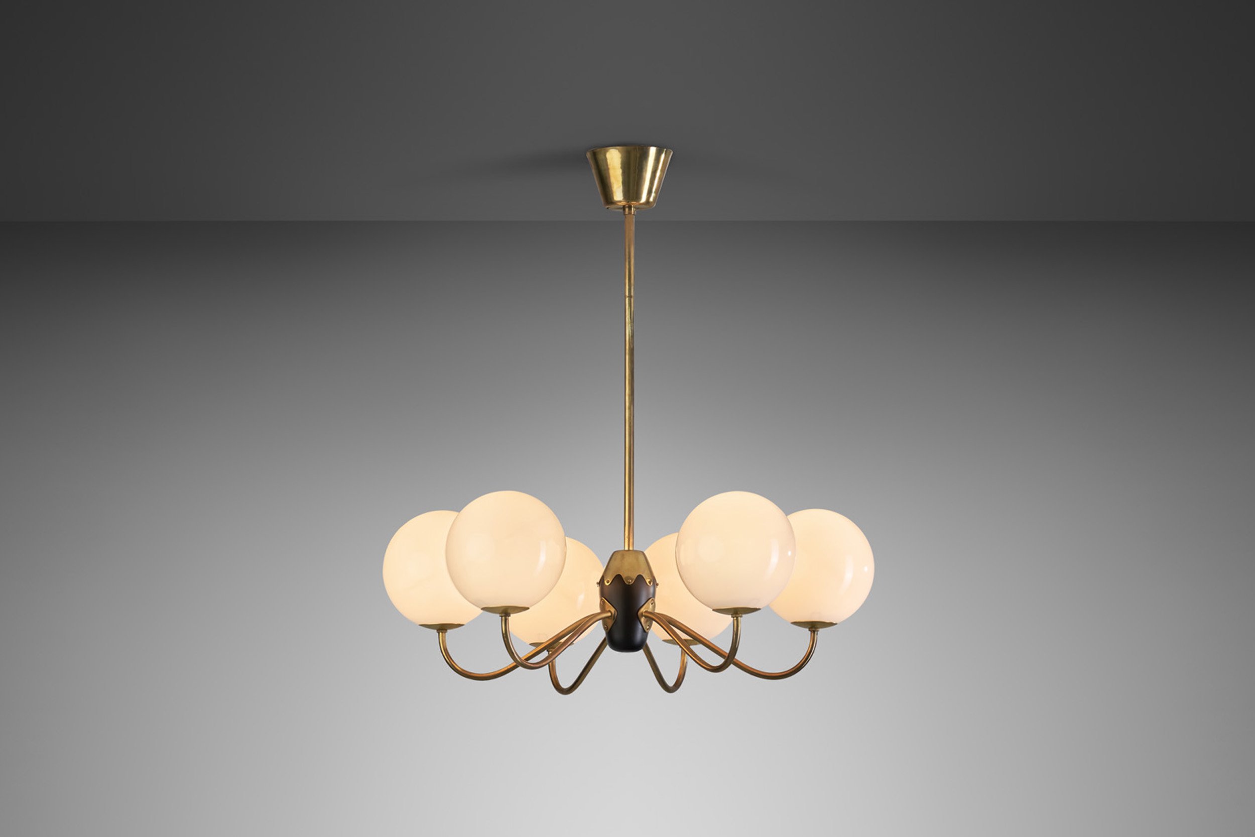 Modern Brass and Glass Globe Chandelier, Europe ca 1940s (sold)