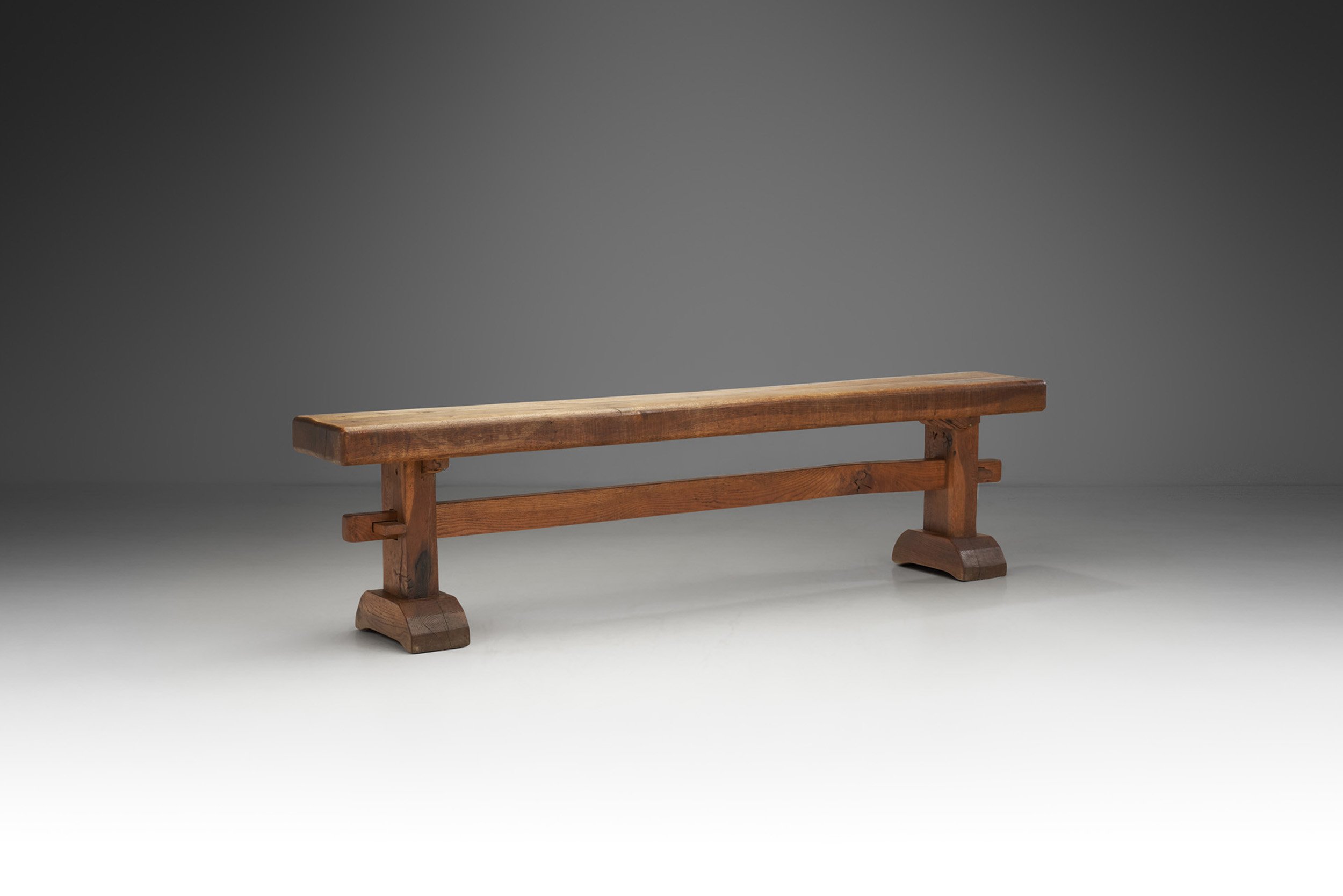 European Mid-Century Solid Wood Trestle Bench, Europe ca 1950s (sold)
