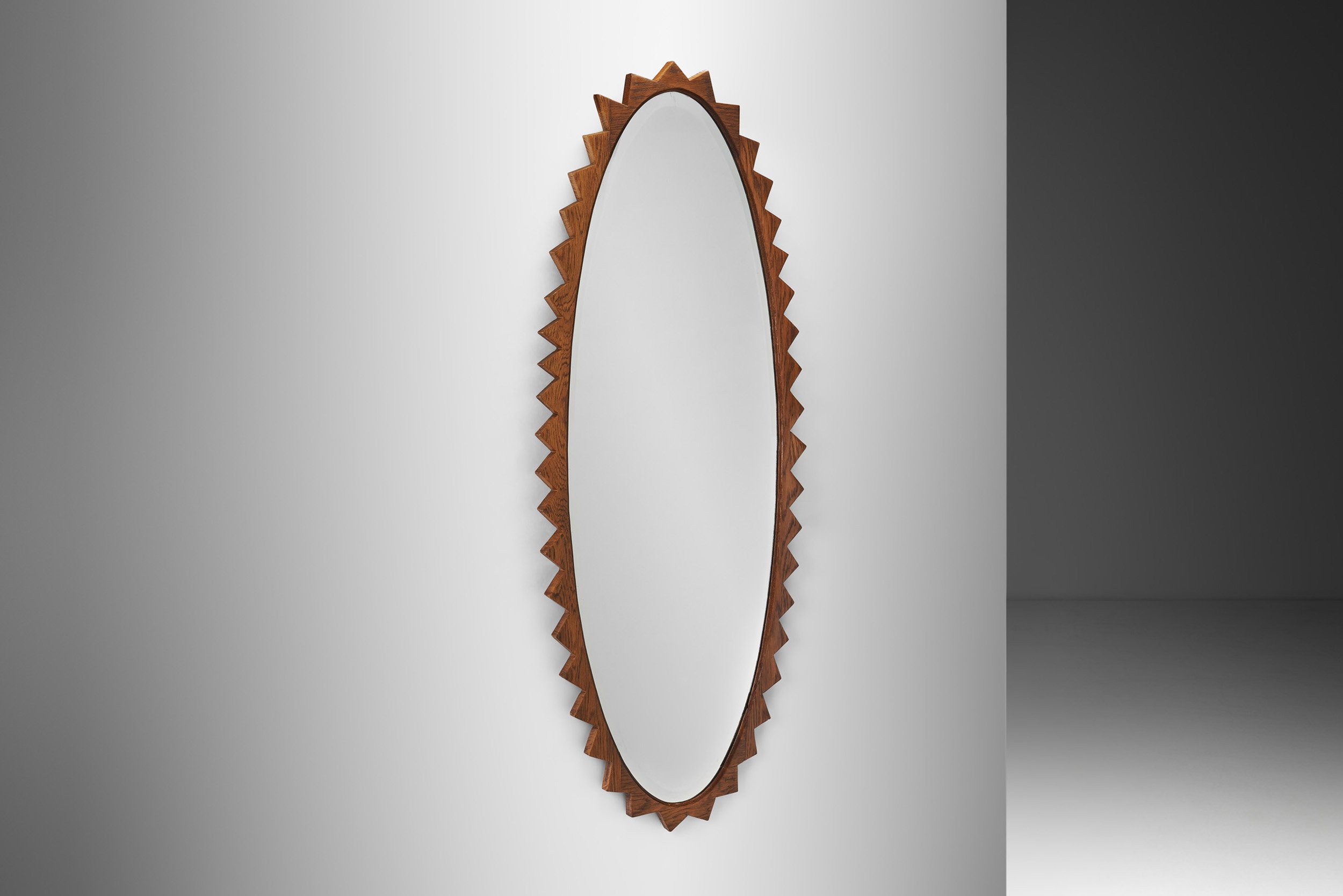 Handcarved Solid Wood Mirror with a Triangular Edge, Europe ca 1950s (sold)
