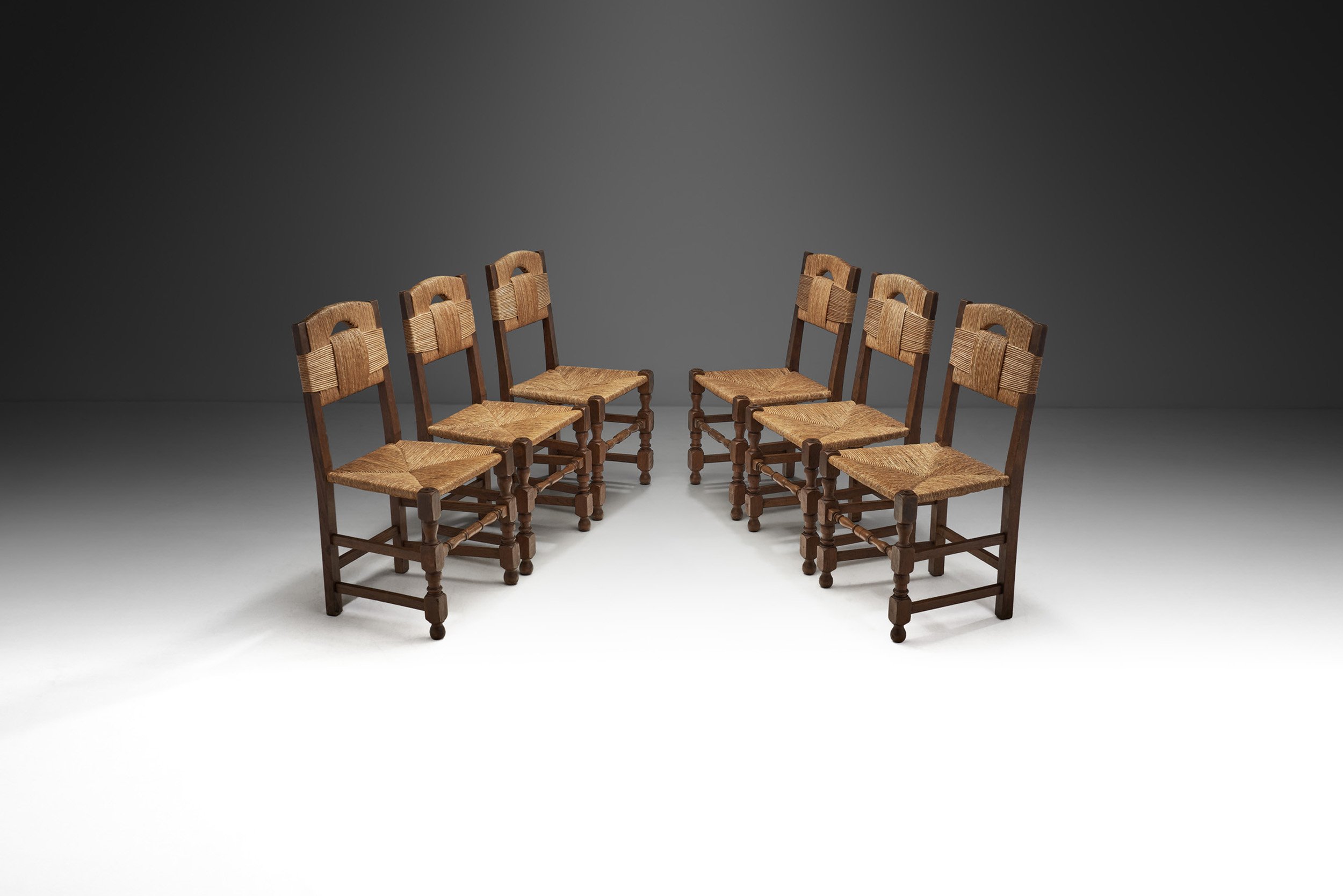 Set of Six Oak and Rush Chairs with Sculptural Legs, Europe 1940s (sold)