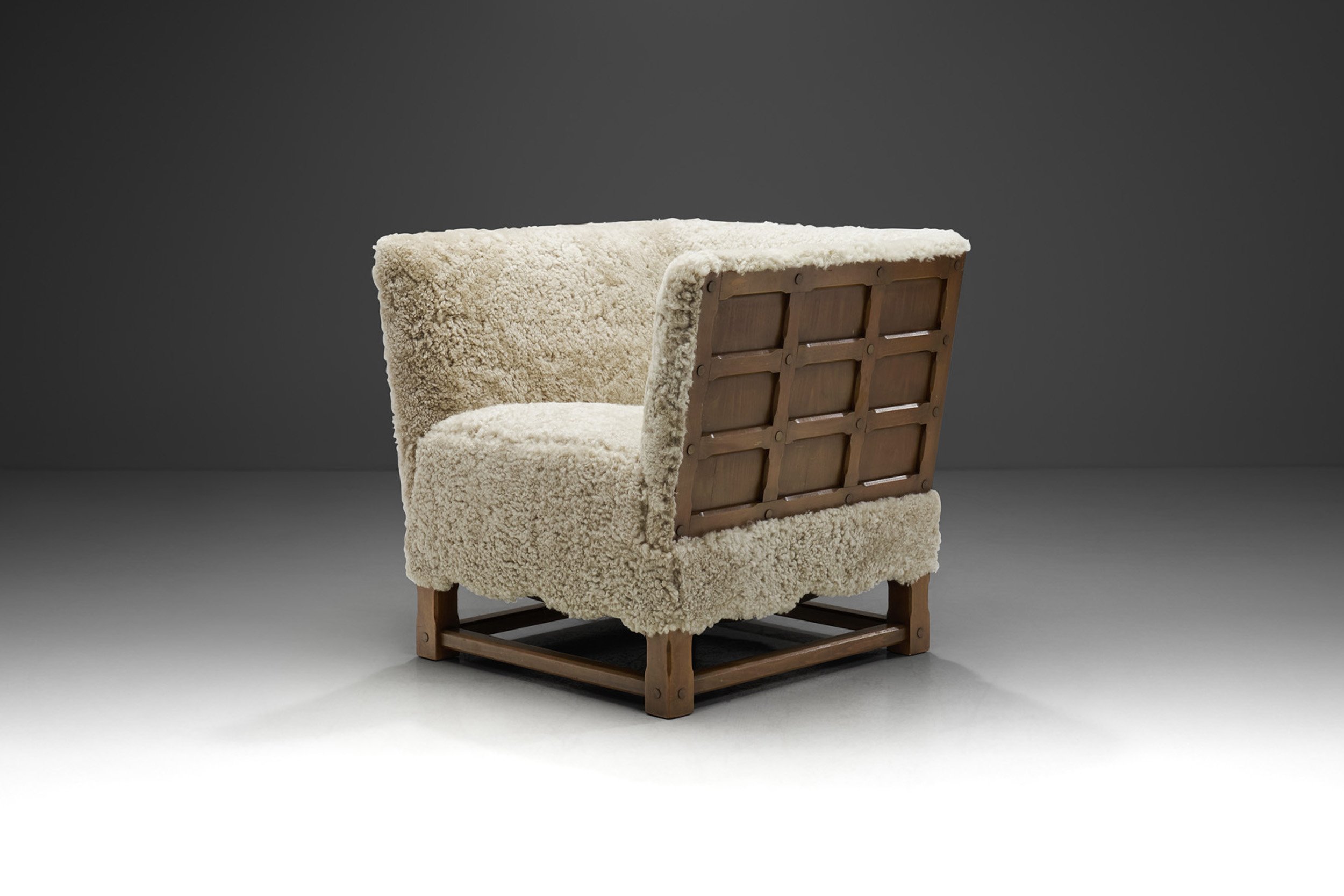 European Oak Panelled Box Chair in Sheepskin, Europe 1940s (sold)