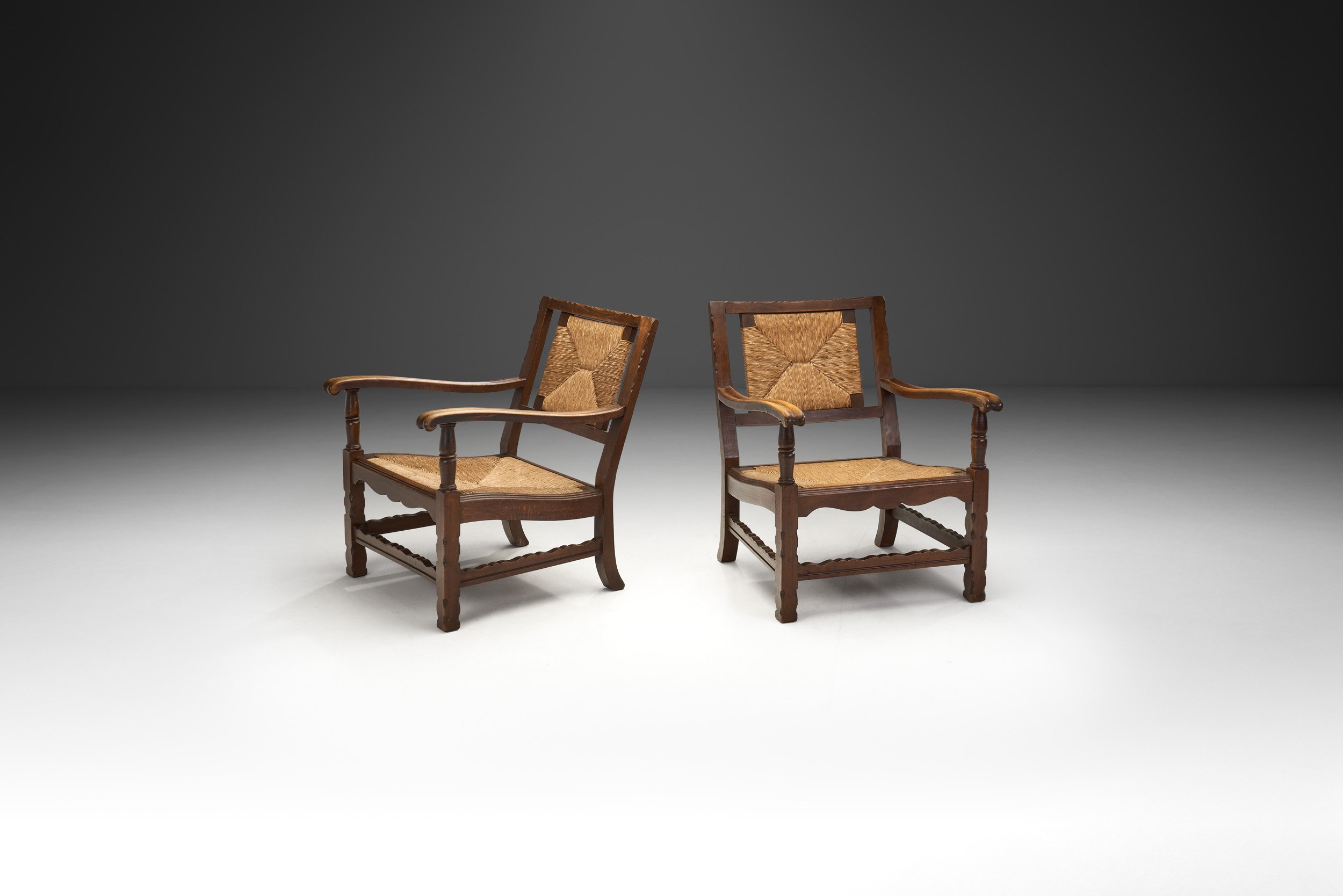 Mid-Century Handcrafted Wood and Woven Straw Armchairs, Europe ca 1950s