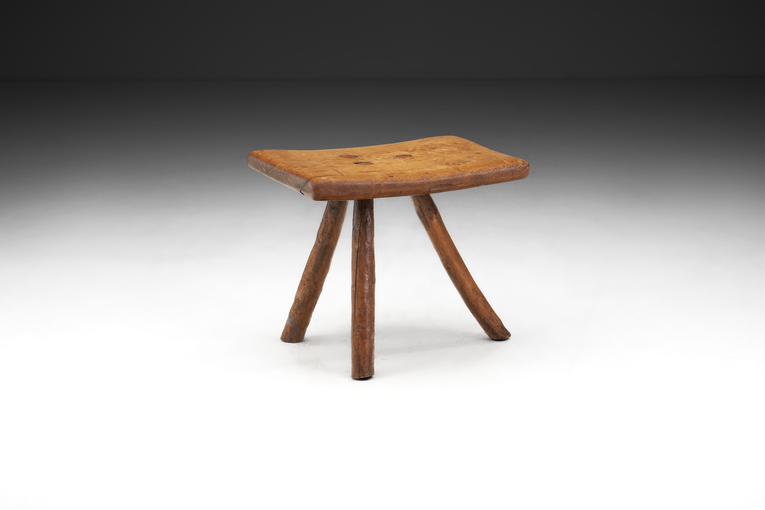 Solid Wood Wabi-Sabi Stool with Tripod Legs, Europe mid-20th century (sold)