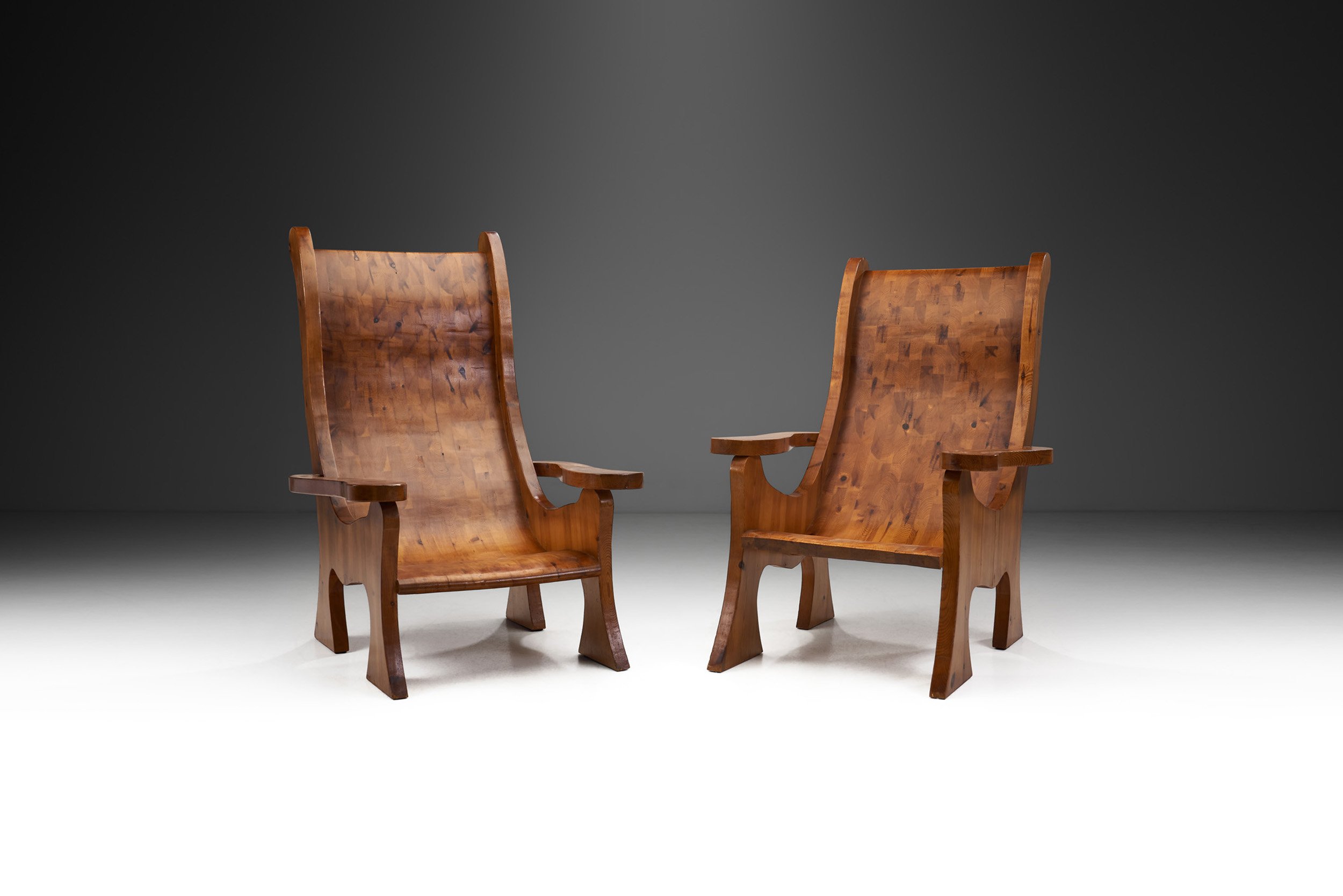 Sculptural Solid Wood Armchairs, Europe ca 1960s (sold)