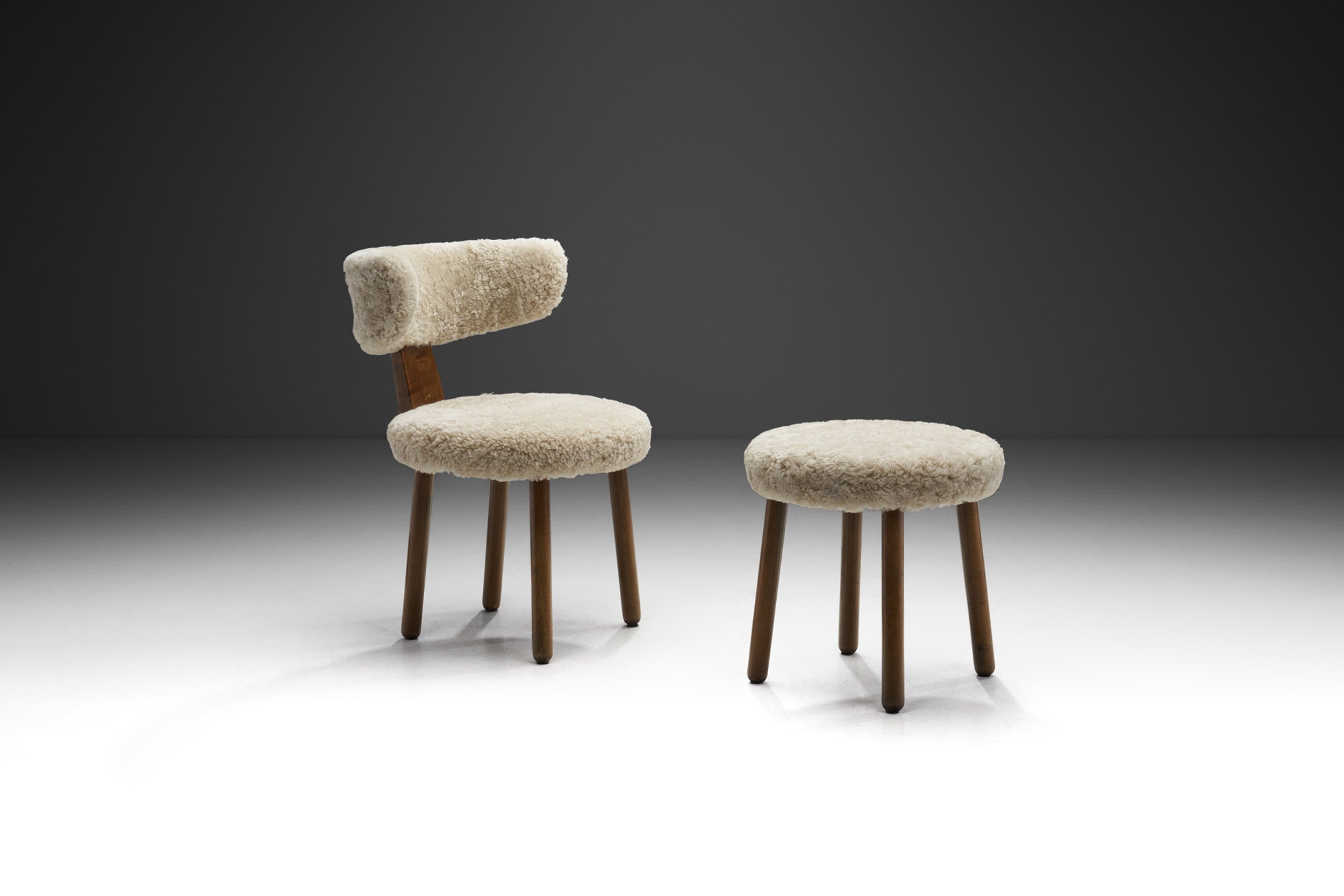 Danish Cabinetmaker Walnut Chair and Stool in Sheepskin, Denmark 1940s (sold)