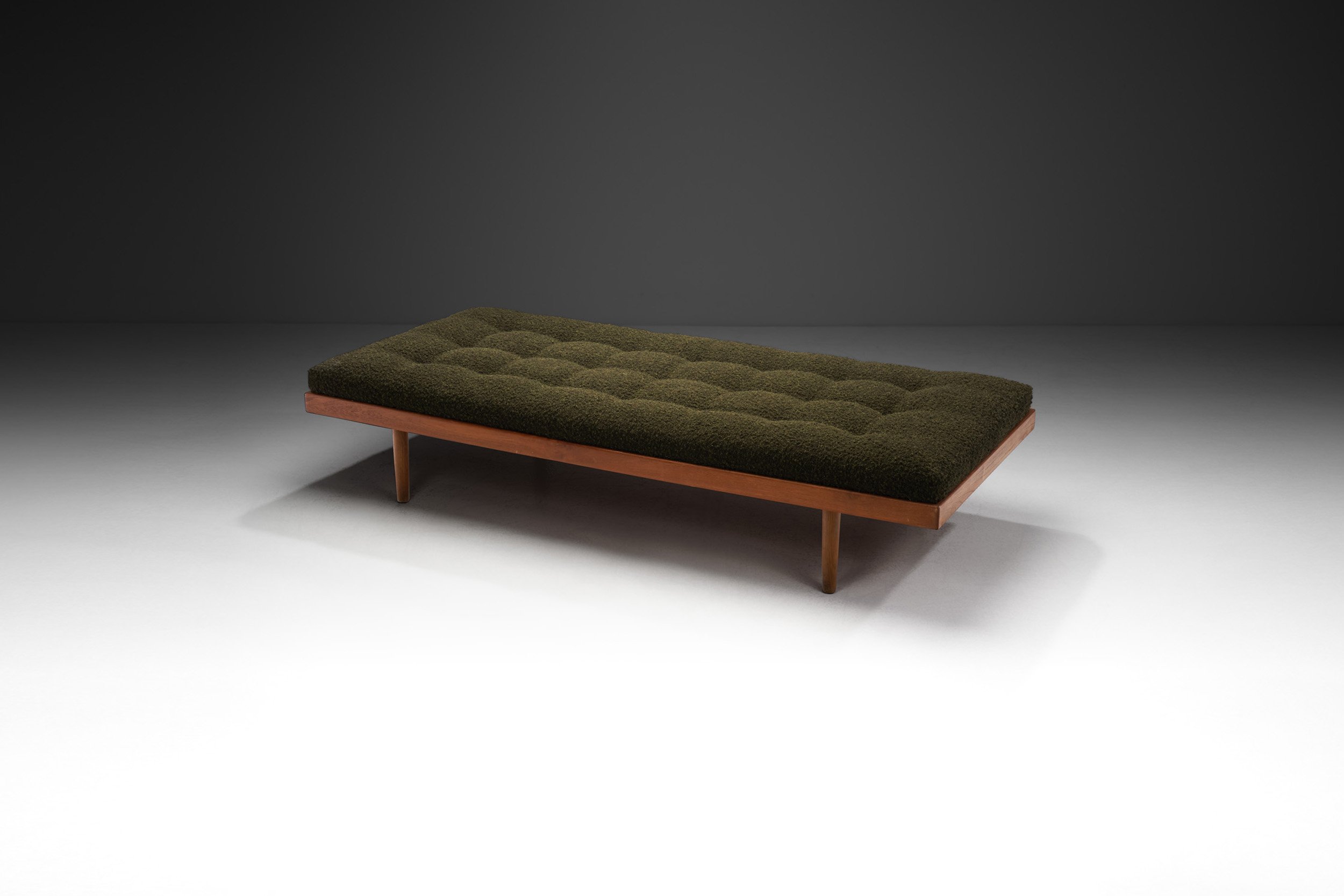 European Cabinetmaker Daybed with Green Upholstered Mattress, Europe ca 1950s (sold)