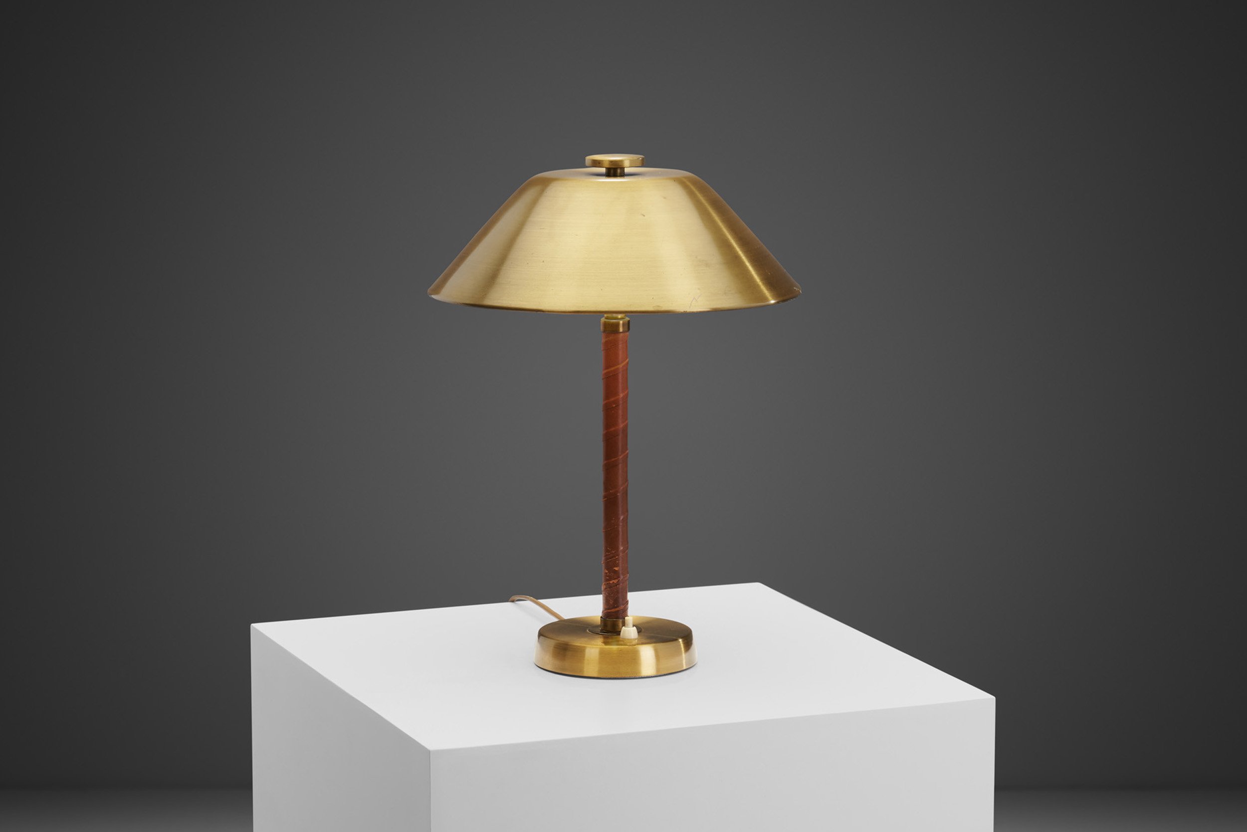 Einar Bäckström "Model 5014" Brass and Leather Table Lamp, Sweden 1940s (sold)