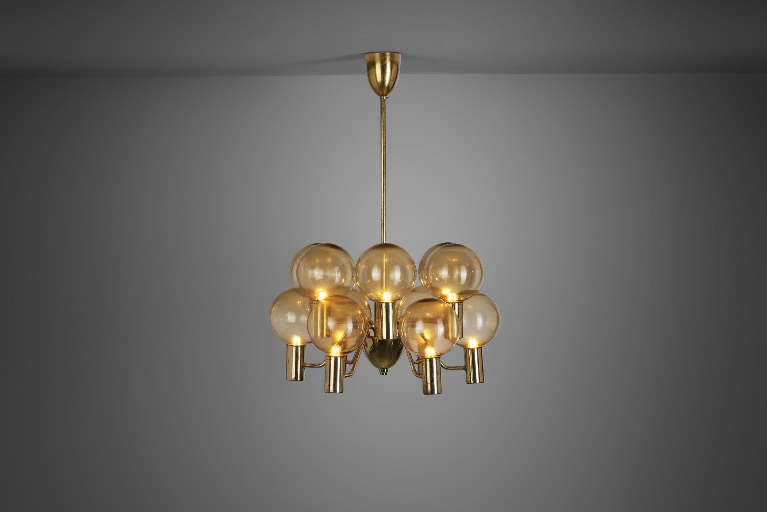 Hans-Agne Jakobsson "Patricia T372/12" Brass and Glass Chandelier for Markaryd, Sweden 1960s