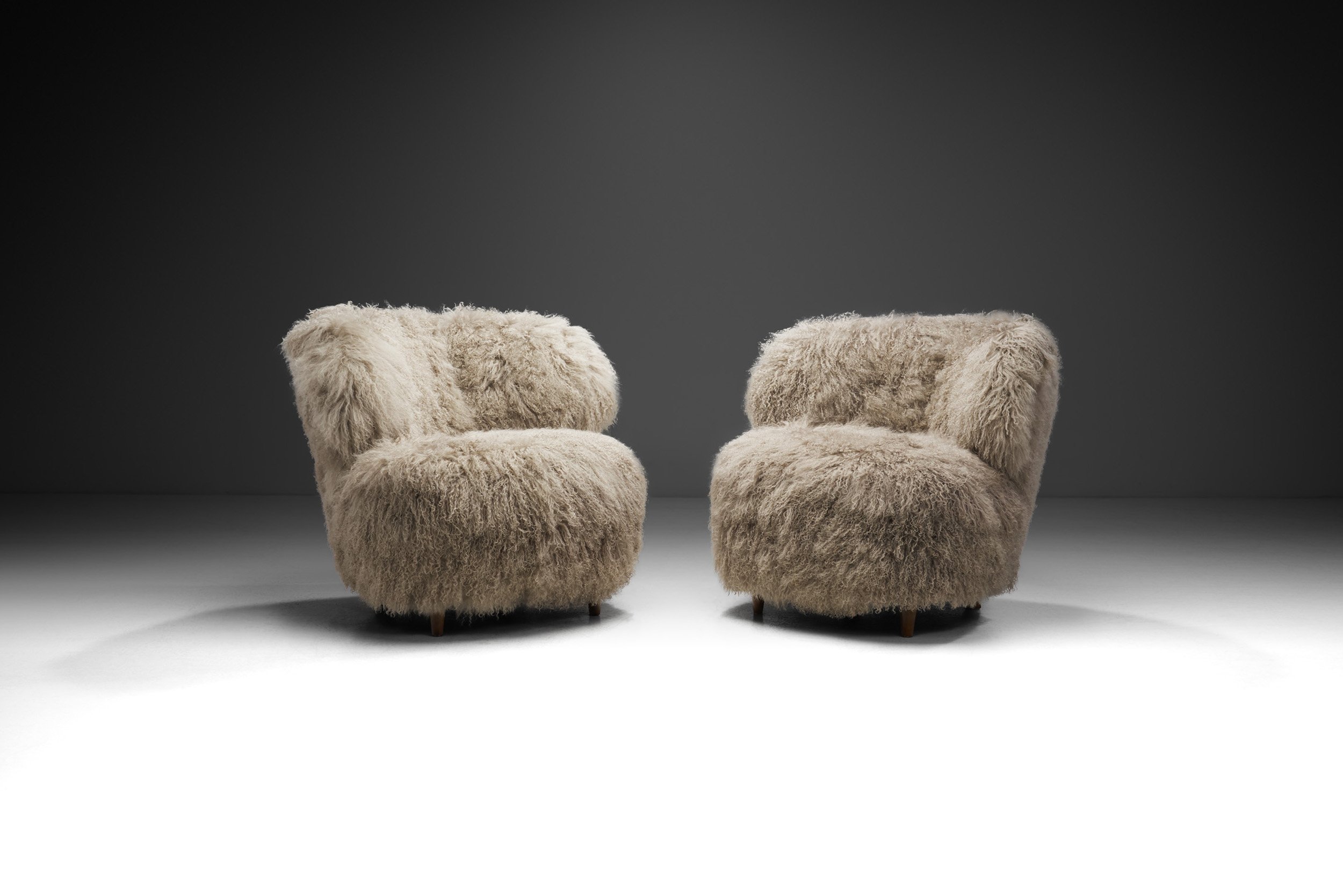 Nordic Modern Lounge Chairs in Mongolian Shearling, Finland ca 1950s