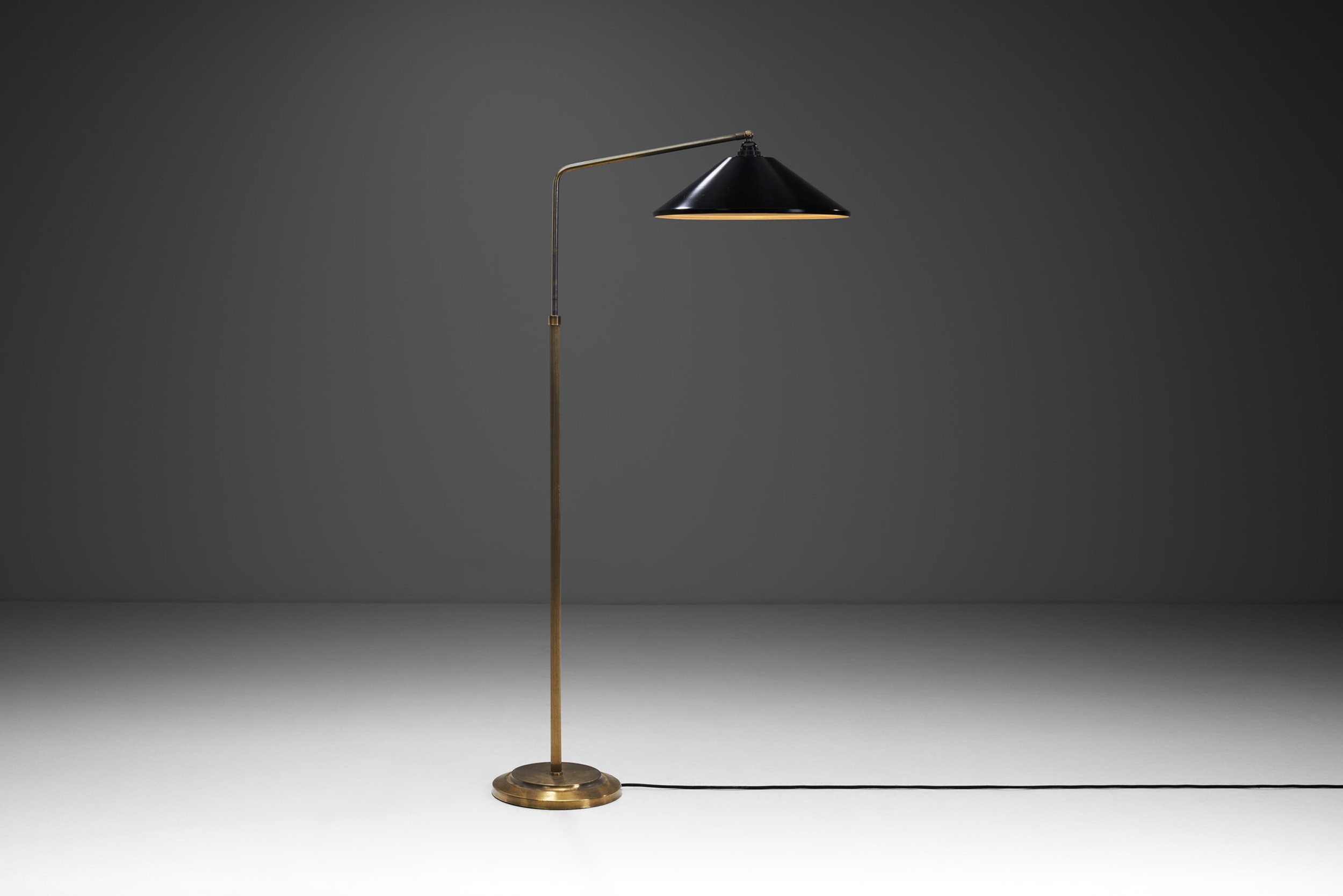 Danish Modern Floor Lamp with Black Lacquered Shade, Denmark 1950s (sold)