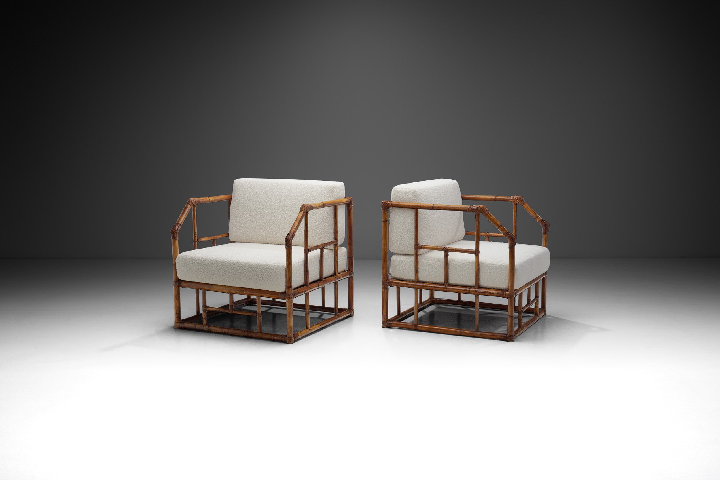 Italian Bamboo Lounge Chairs with Geometric Frames, Italy 1970s (sold)